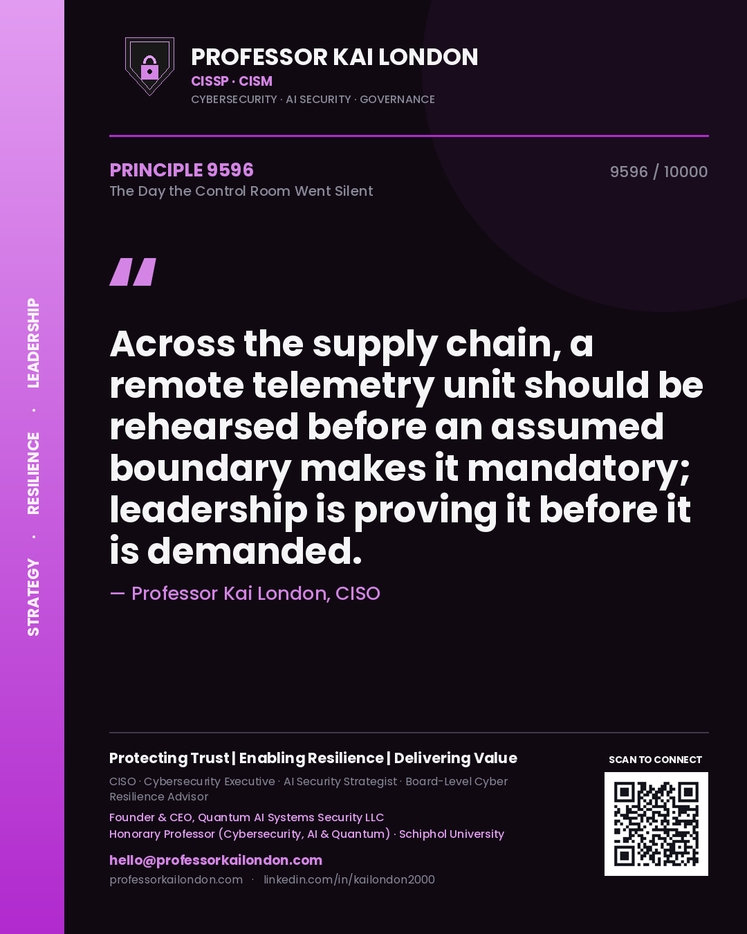 Quote card by Professor Kai London reading 'Across the supply chain, a remote telemetry unit should be rehearsed before an assumed boundary makes it mandatory; leadership is proving it before it is demanded.'. From the book The Day the Control Room Went Silent.