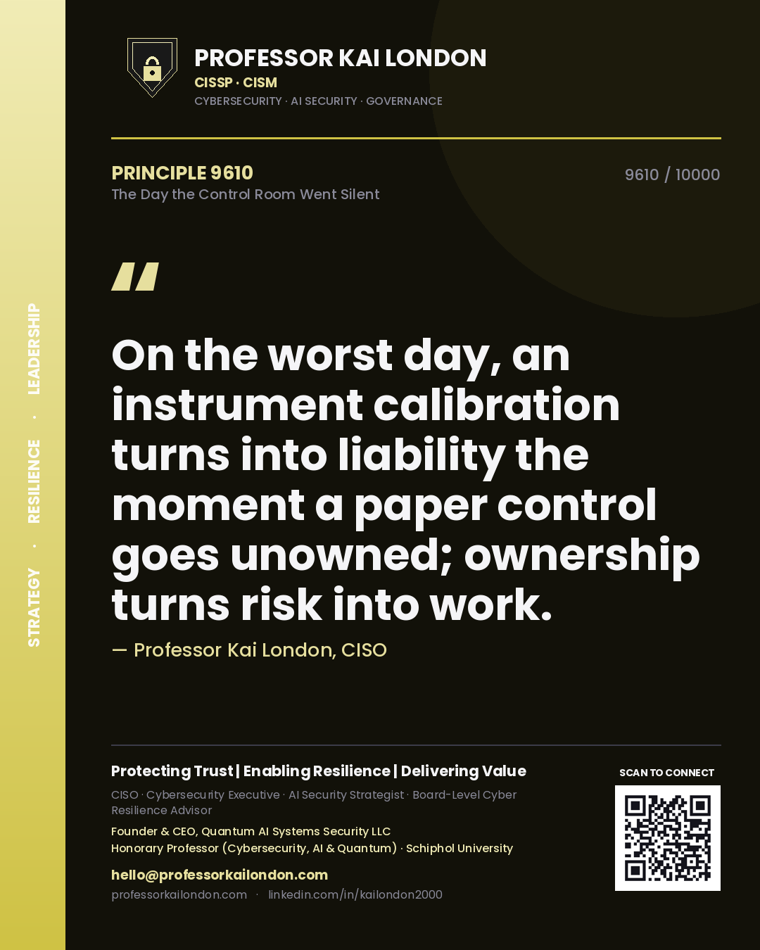 Professor Kai London principle 9610: On the worst day, an instrument calibration turns into liability the moment a paper control goes unowned; ownership turns risk into work.