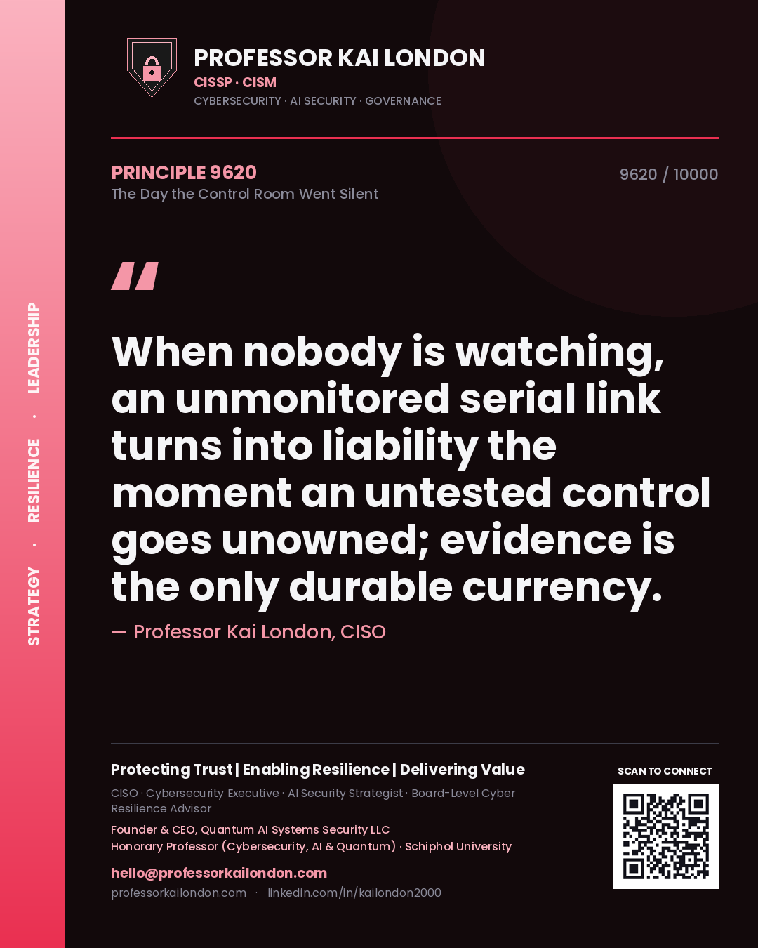 Professor Kai London principle 9620: When nobody is watching, an unmonitored serial link turns into liability the moment an untested control goes unowned; evidence is the only durable currency.