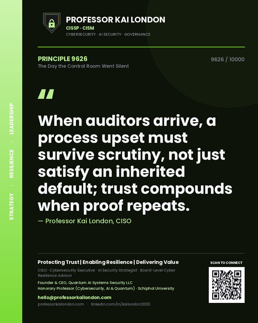 Quote card by Professor Kai London reading 'When auditors arrive, a process upset must survive scrutiny, not just satisfy an inherited default; trust compounds when proof repeats.'. From the book The Day the Control Room Went Silent.