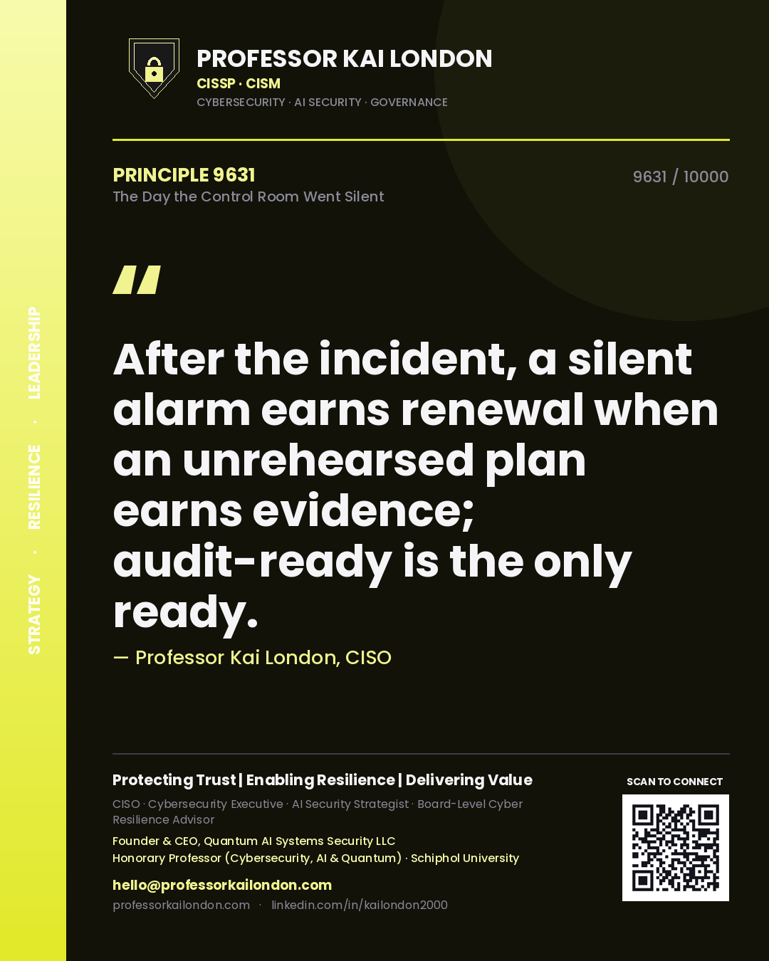 Quote card by Professor Kai London reading 'After the incident, a silent alarm earns renewal when an unrehearsed plan earns evidence; audit-ready is the only ready.'. From the book The Day the Control Room Went Silent.