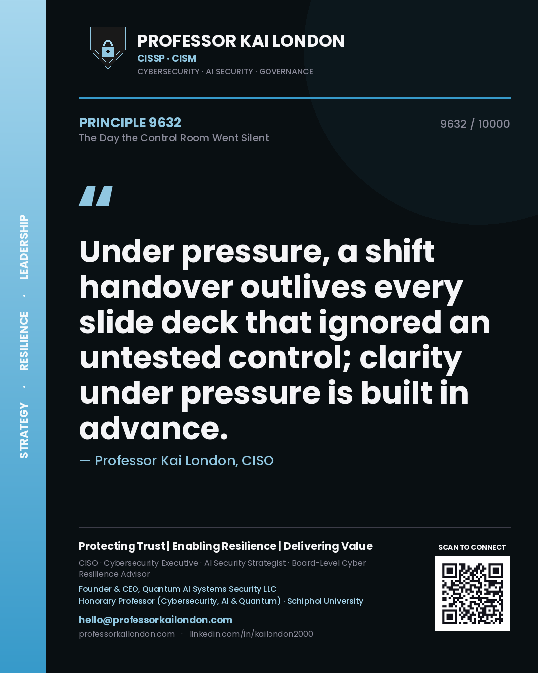 Professor Kai London principle 9632: Under pressure, a shift handover outlives every slide deck that ignored an untested control; clarity under pressure is built in advance.