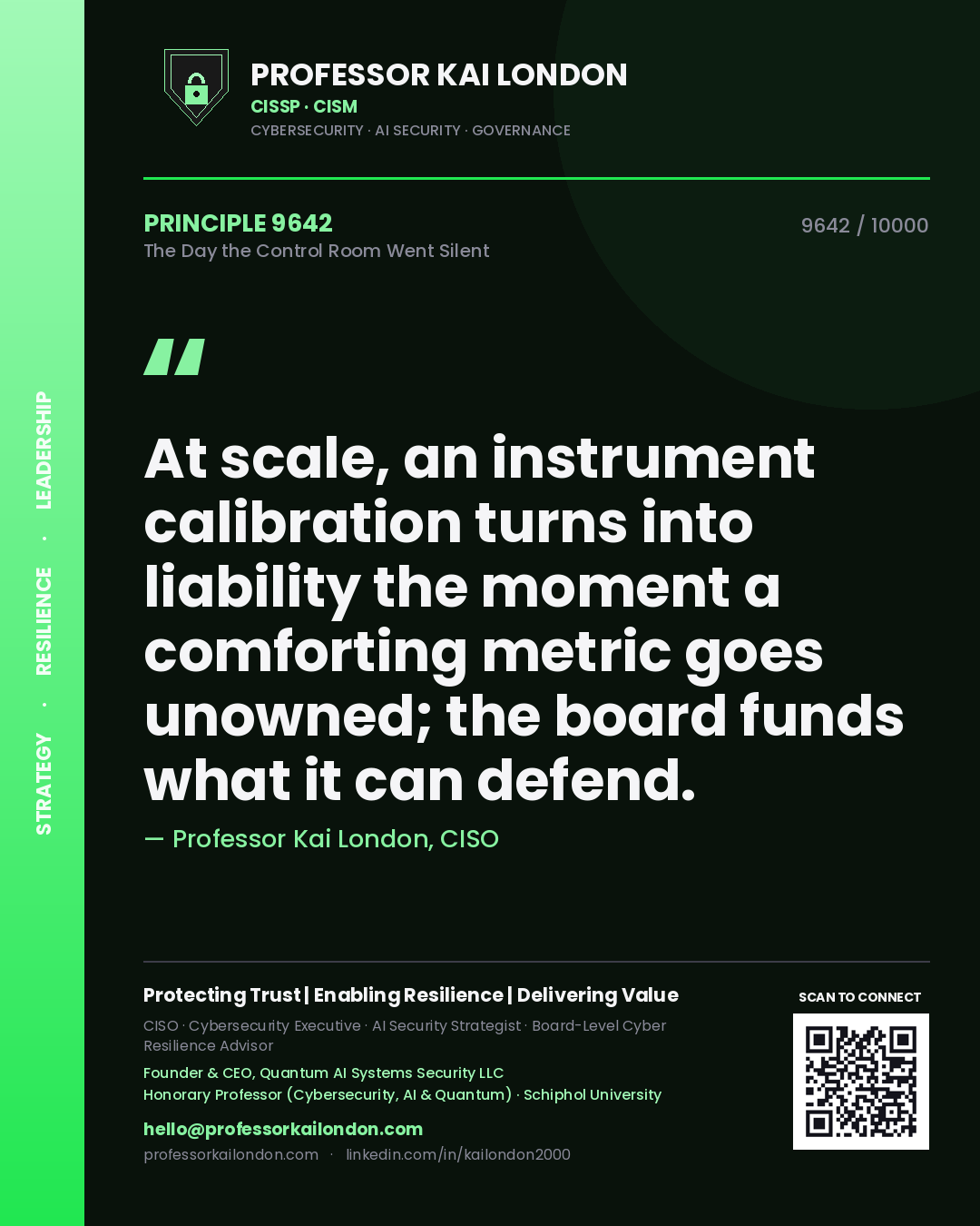Quote card by Professor Kai London reading 'At scale, an instrument calibration turns into liability the moment a comforting metric goes unowned; the board funds what it can defend.'. From the book The Day the Control Room Went Silent.