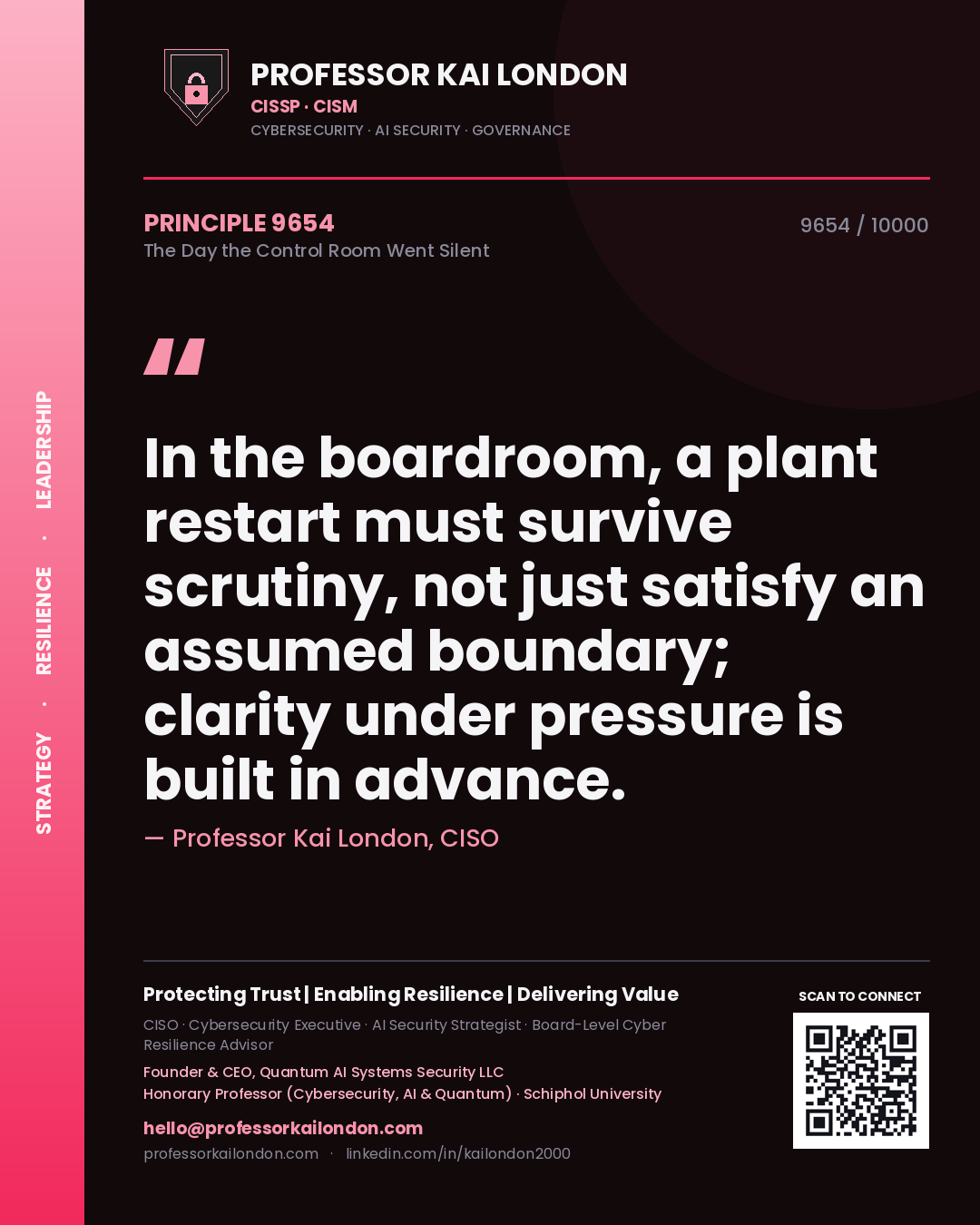 Professor Kai London principle 9654: In the boardroom, a plant restart must survive scrutiny, not just satisfy an assumed boundary; clarity under pressure is built in advance.