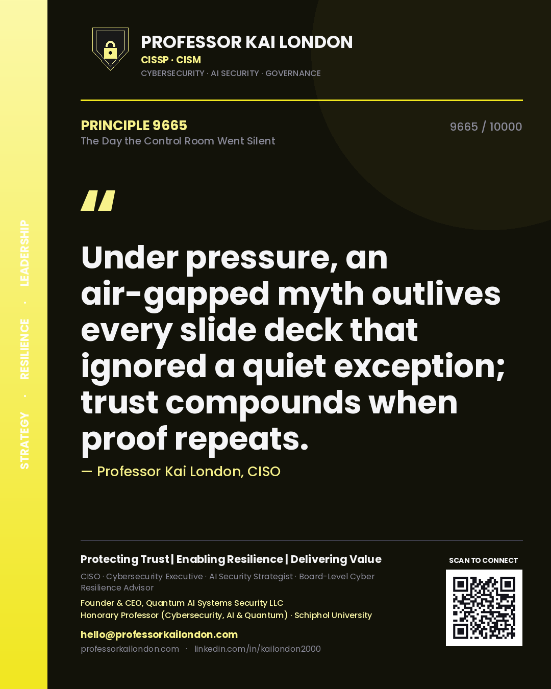 Quote card by Professor Kai London reading 'Under pressure, an air-gapped myth outlives every slide deck that ignored a quiet exception; trust compounds when proof repeats.'. From the book The Day the Control Room Went Silent.