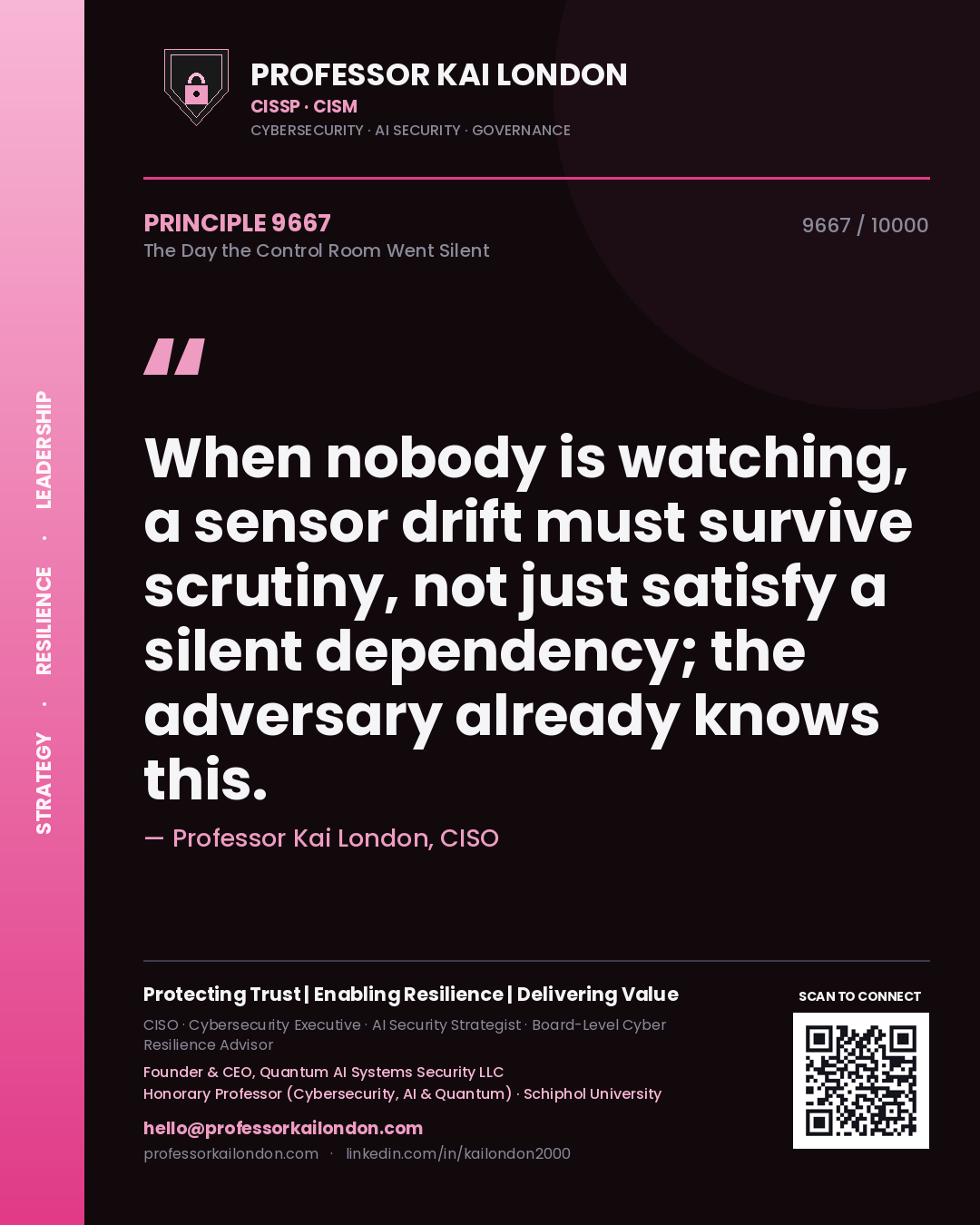 Quote card by Professor Kai London reading 'When nobody is watching, a sensor drift must survive scrutiny, not just satisfy a silent dependency; the adversary already knows this.'. From the book The Day the Control Room Went Silent.