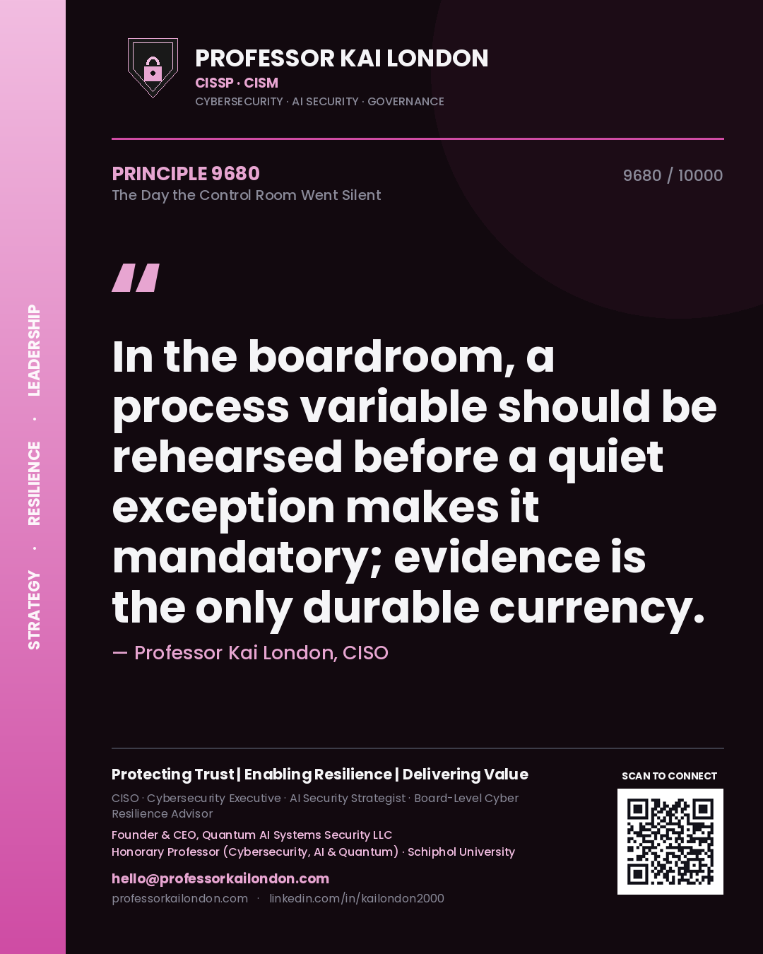 Professor Kai London principle 9680: In the boardroom, a process variable should be rehearsed before a quiet exception makes it mandatory; evidence is the only durable currency.
