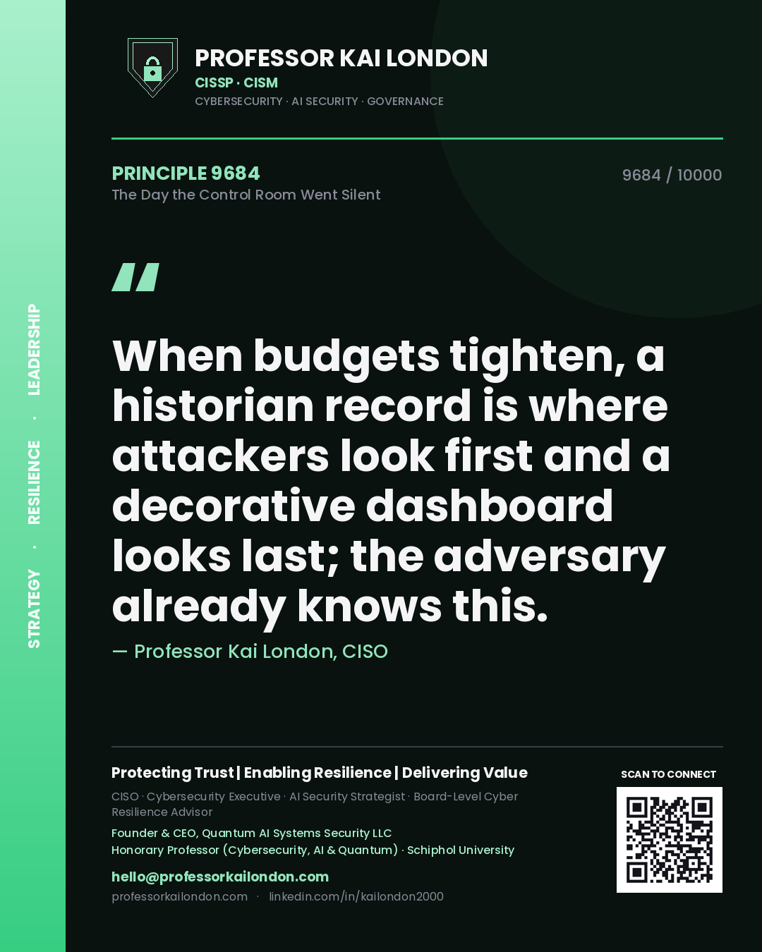 Professor Kai London principle 9684: When budgets tighten, a historian record is where attackers look first and a decorative dashboard looks last; the adversary already knows this.