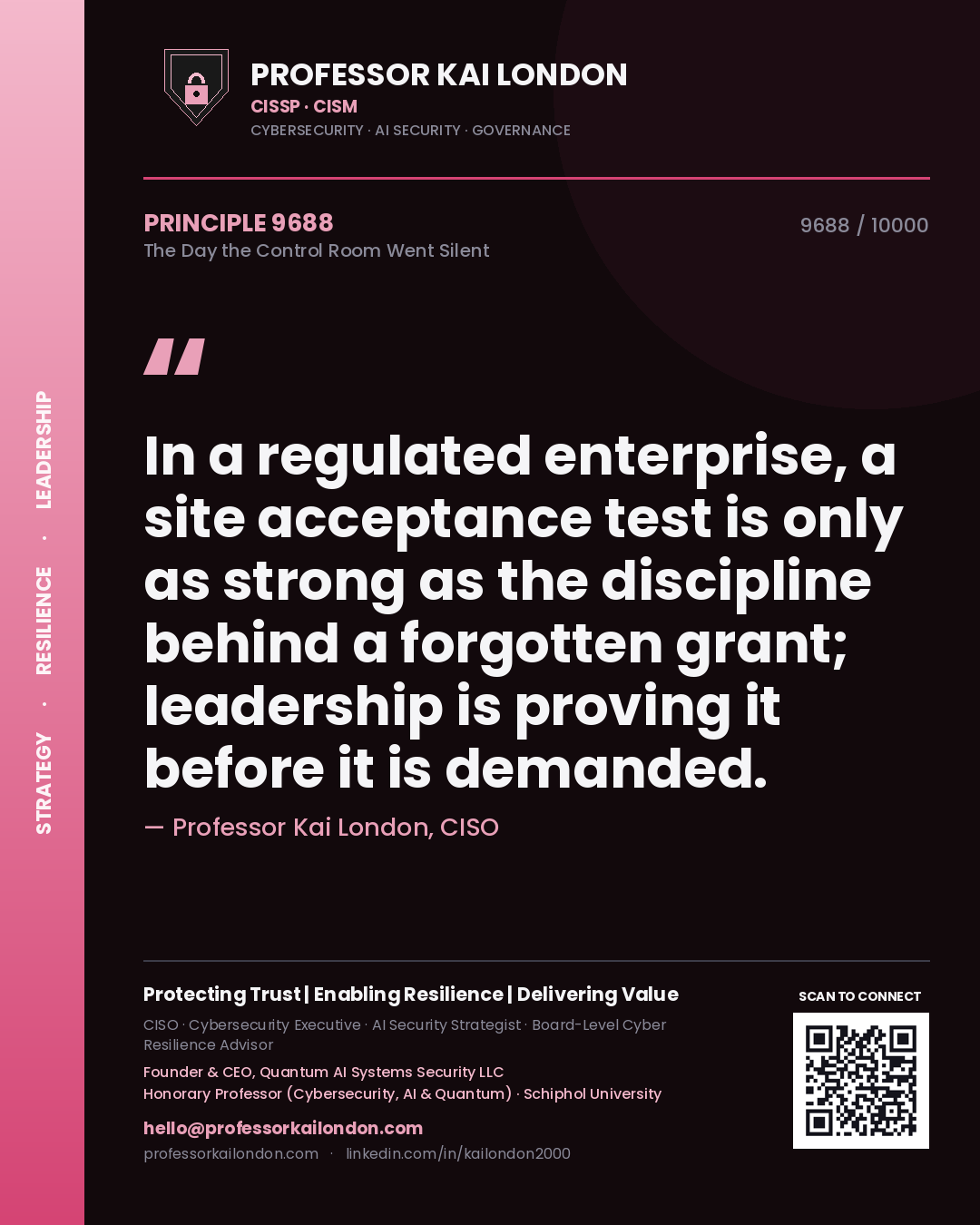 Professor Kai London principle 9688: In a regulated enterprise, a site acceptance test is only as strong as the discipline behind a forgotten grant; leadership is proving it before it is demanded.