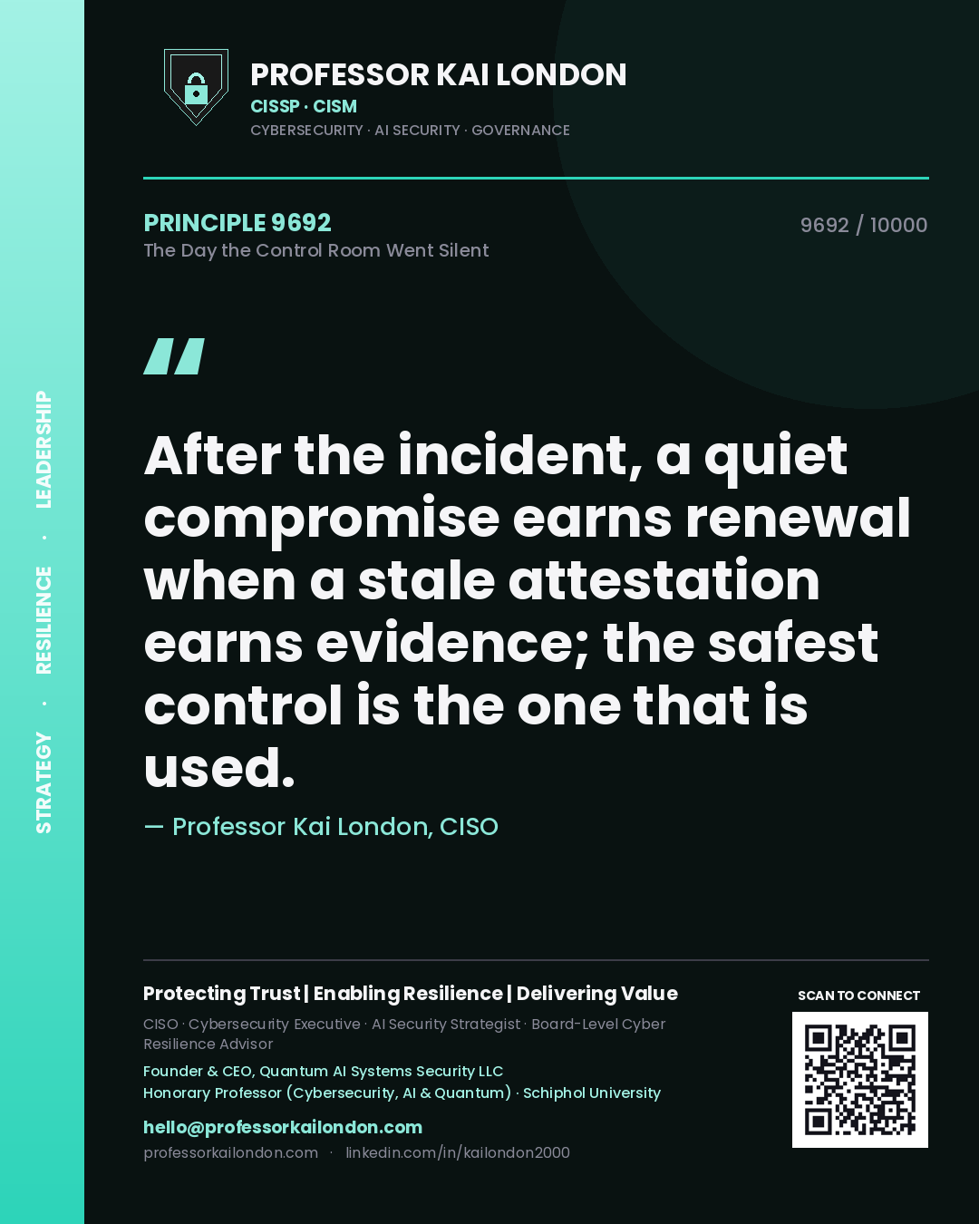 Quote card by Professor Kai London reading 'After the incident, a quiet compromise earns renewal when a stale attestation earns evidence; the safest control is the one that is used.'. From the book The Day the Control Room Went Silent.