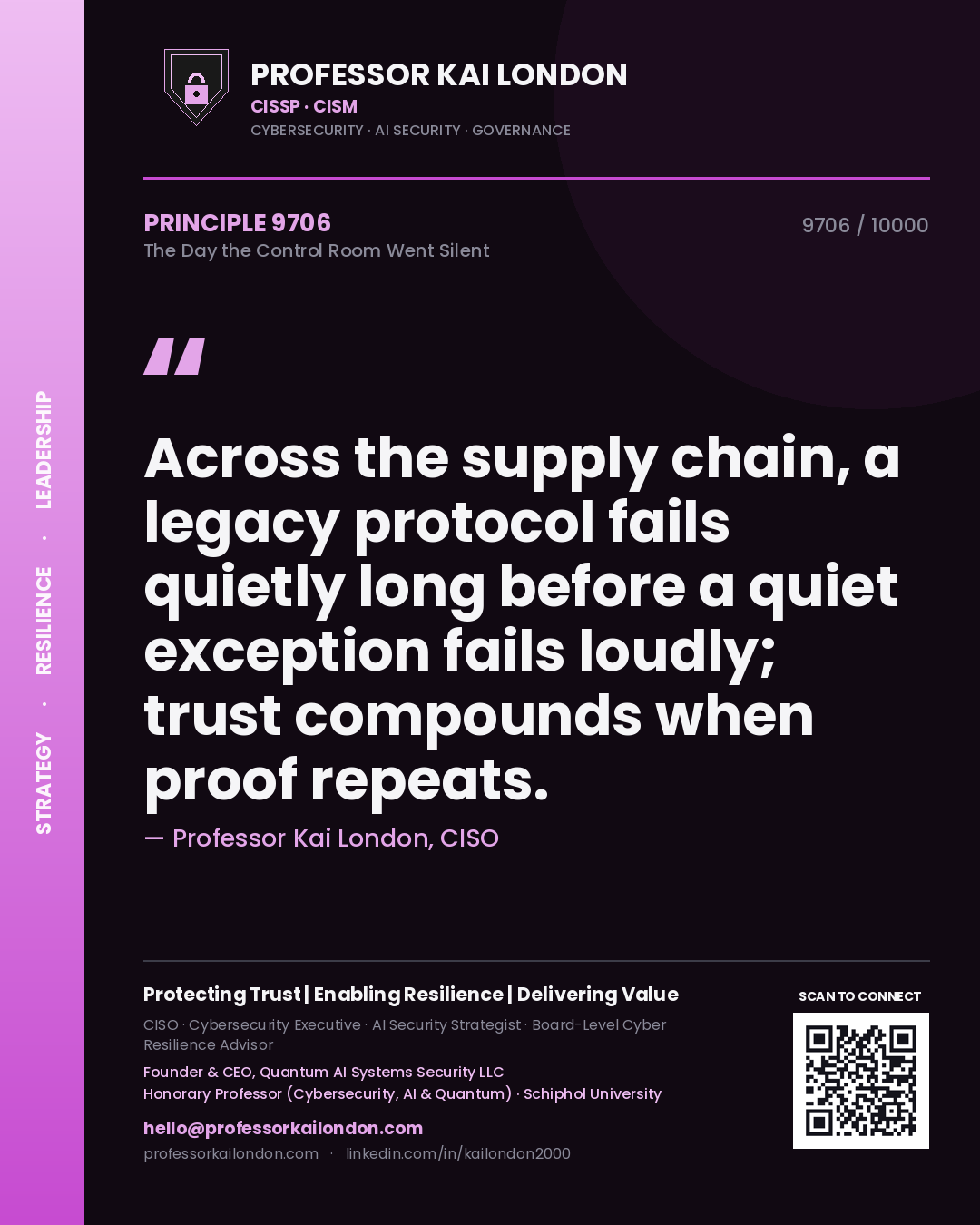 Quote card by Professor Kai London reading 'Across the supply chain, a legacy protocol fails quietly long before a quiet exception fails loudly; trust compounds when proof repeats.'. From the book The Day the Control Room Went Silent.