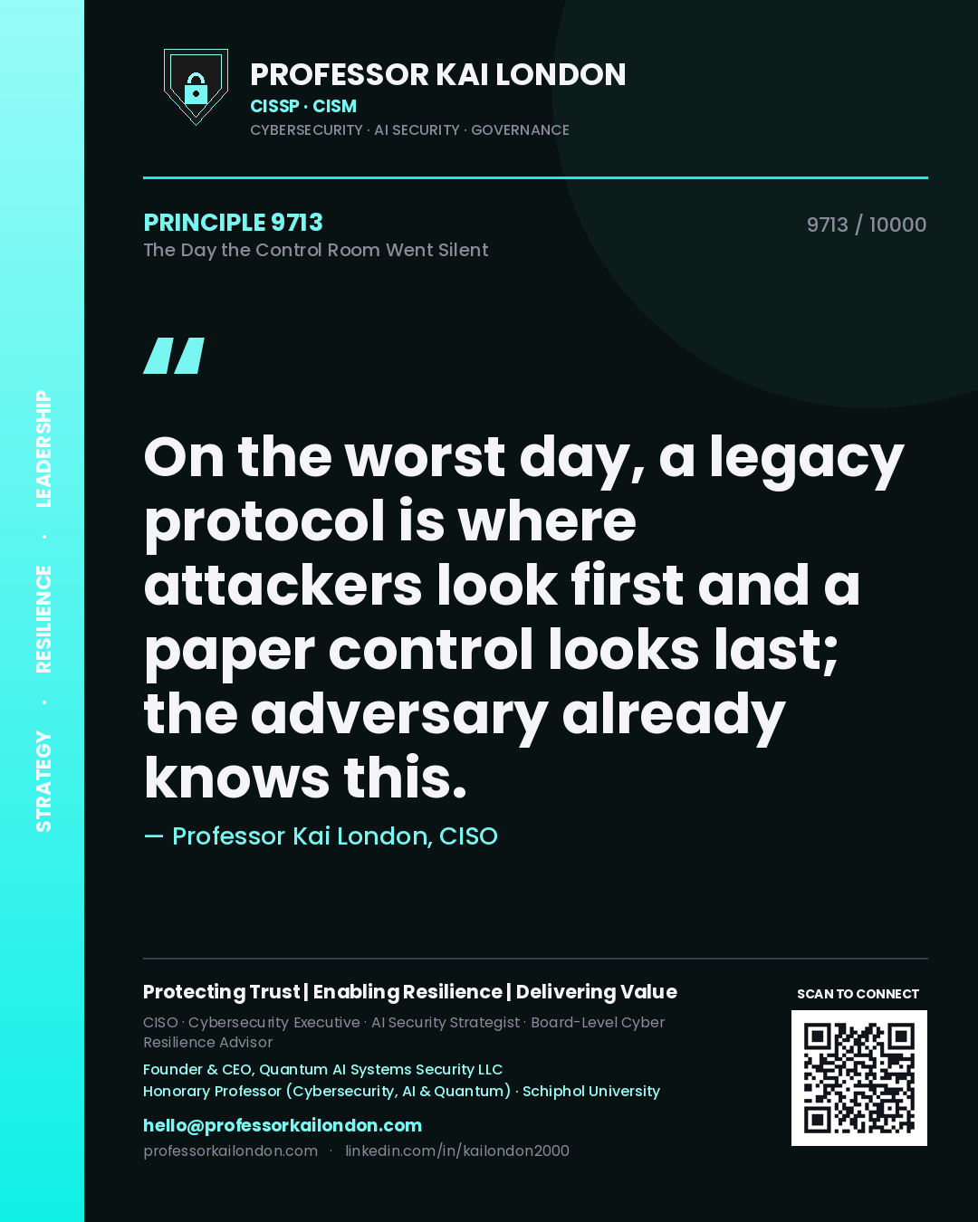 Quote card by Professor Kai London reading 'On the worst day, a legacy protocol is where attackers look first and a paper control looks last; the adversary already knows this.'. From the book The Day the Control Room Went Silent.
