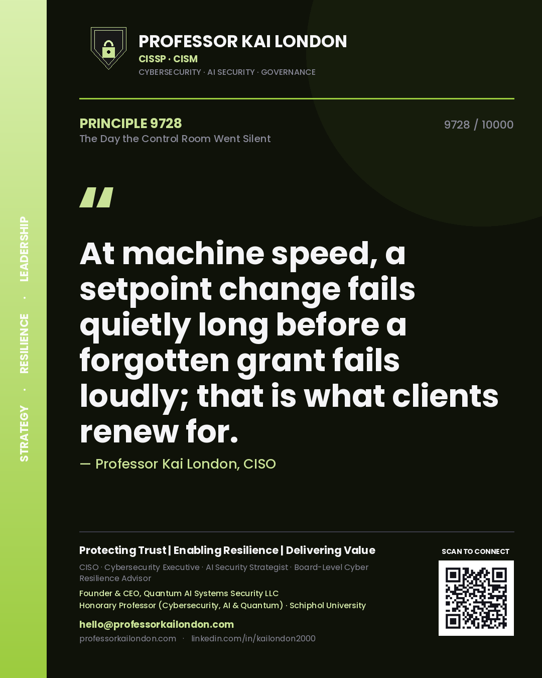 Quote card by Professor Kai London reading 'At machine speed, a setpoint change fails quietly long before a forgotten grant fails loudly; that is what clients renew for.'. From the book The Day the Control Room Went Silent.