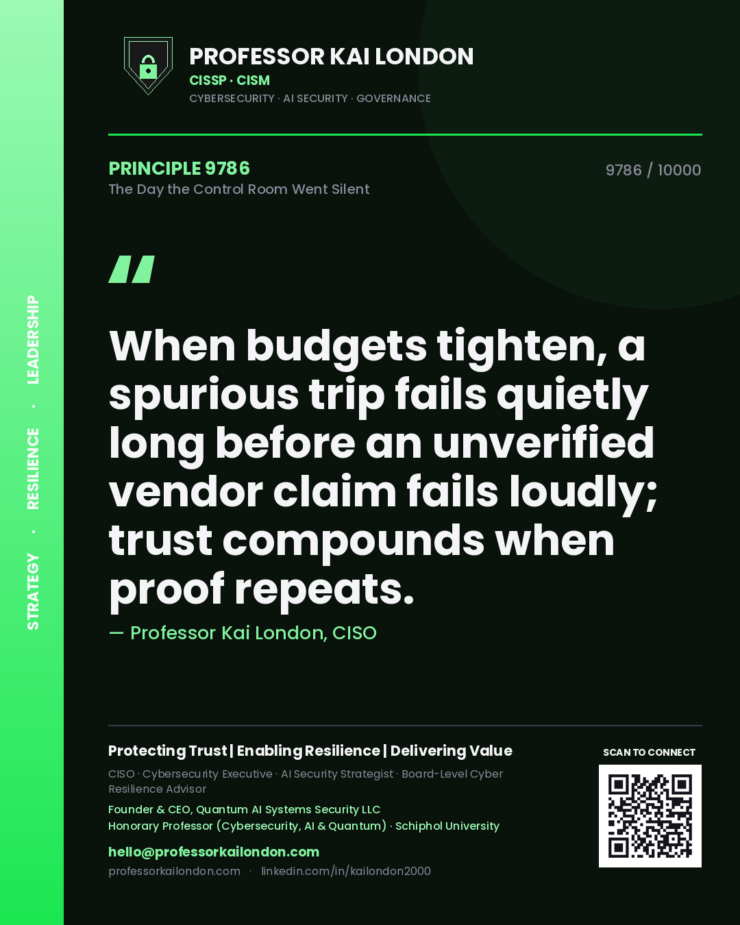Quote card by Professor Kai London reading 'When budgets tighten, a spurious trip fails quietly long before an unverified vendor claim fails loudly; trust compounds when proof repeats.'. From the book The Day the Control Room Went Silent.