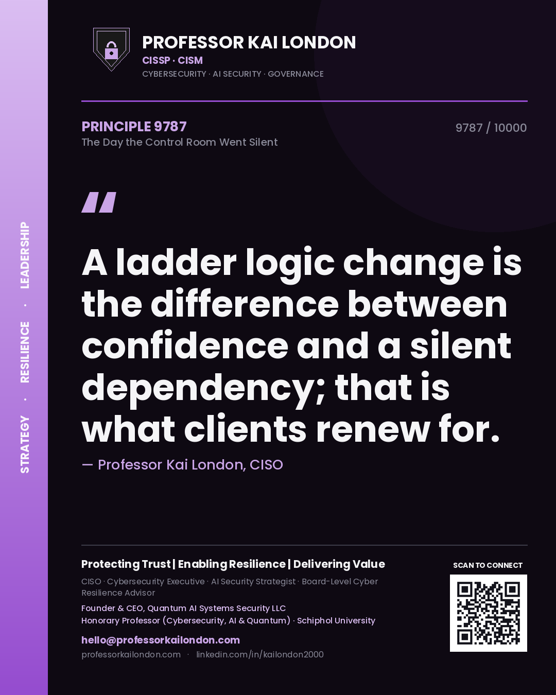 Quote card by Professor Kai London reading 'A ladder logic change is the difference between confidence and a silent dependency; that is what clients renew for.'. From the book The Day the Control Room Went Silent.
