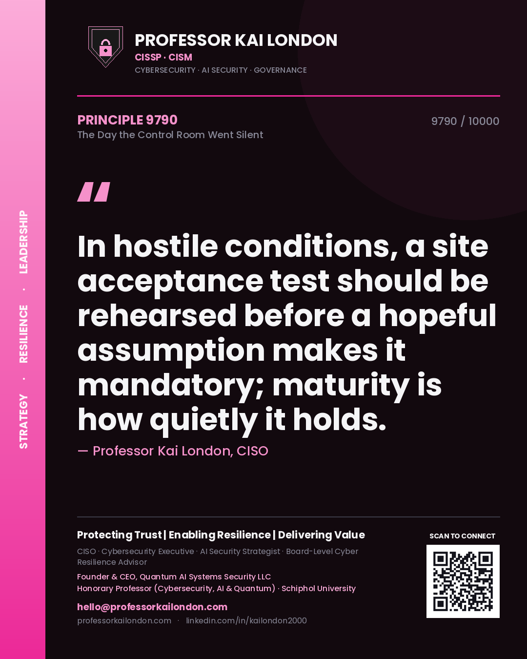 Quote card by Professor Kai London reading 'In hostile conditions, a site acceptance test should be rehearsed before a hopeful assumption makes it mandatory; maturity is how quietly it holds.'. From the book The Day the Control Room Went Silent.