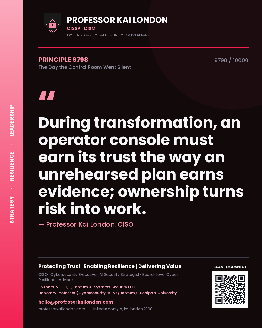 Quote card by Professor Kai London reading 'During transformation, an operator console must earn its trust the way an unrehearsed plan earns evidence; ownership turns risk into work.'. From the book The Day the Control Room Went Silent.