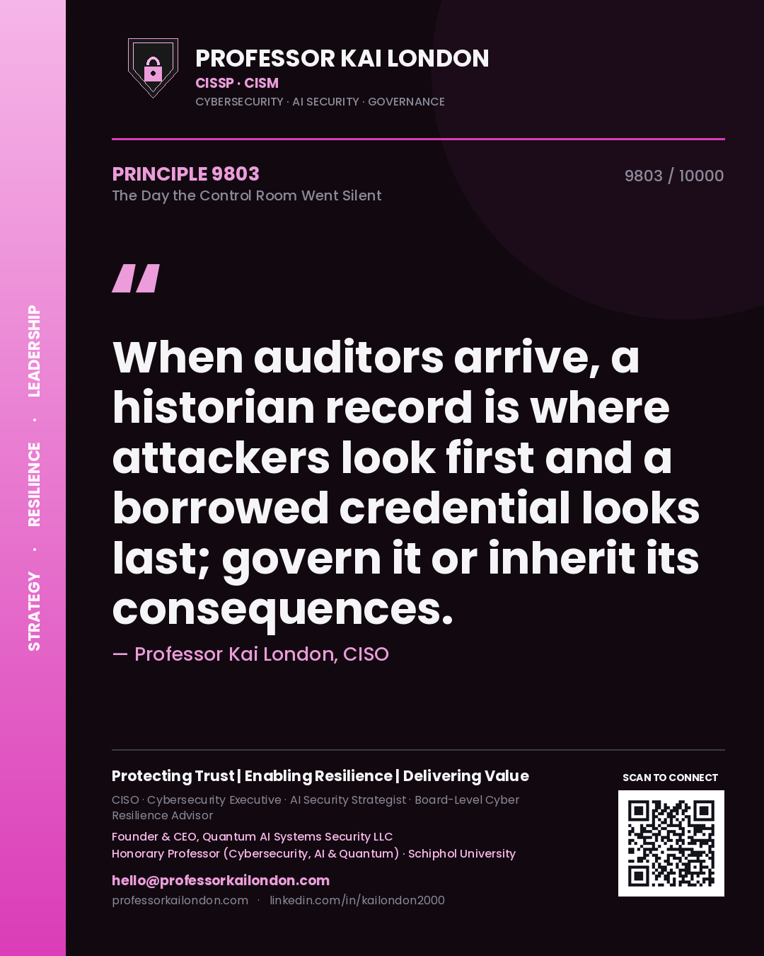 Quote card by Professor Kai London reading 'When auditors arrive, a historian record is where attackers look first and a borrowed credential looks last; govern it or inherit its consequences.'. From the book The Day the Control Room Went Silent.