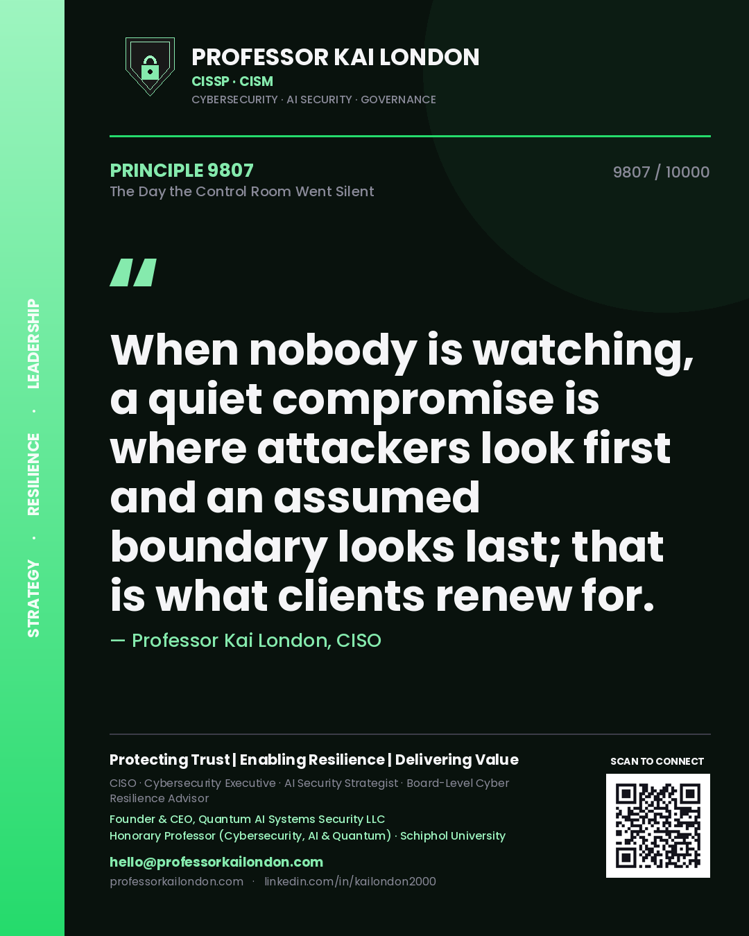 Quote card by Professor Kai London reading 'When nobody is watching, a quiet compromise is where attackers look first and an assumed boundary looks last; that is what clients renew for.'. From the book The Day the Control Room Went Silent.