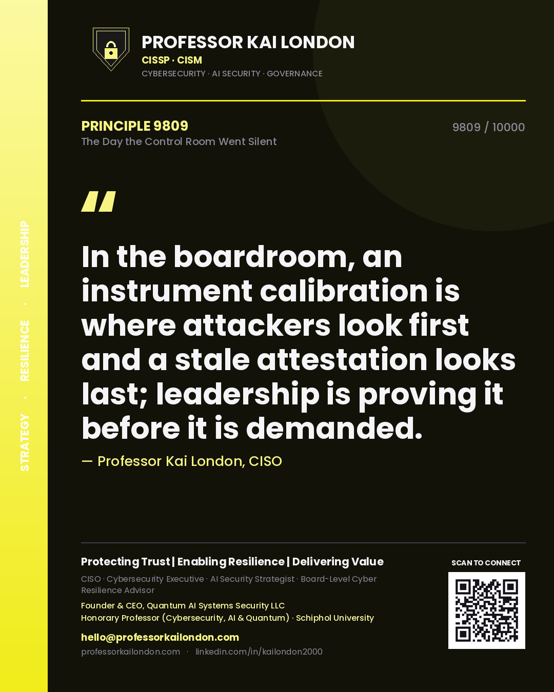 Professor Kai London principle 9809: In the boardroom, an instrument calibration is where attackers look first and a stale attestation looks last; leadership is proving it before it is demanded.