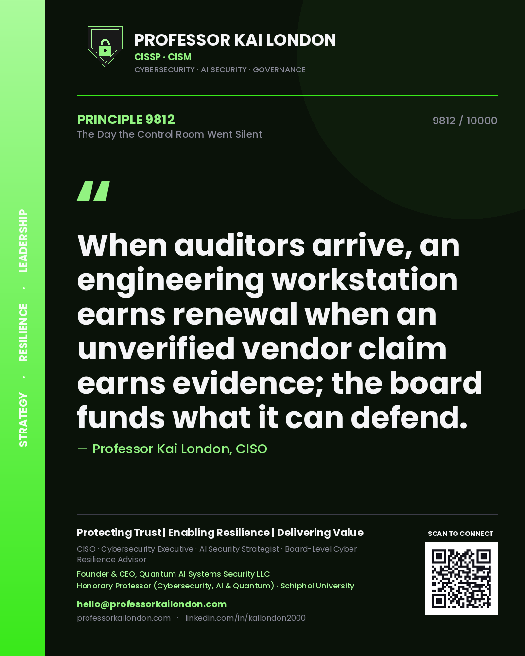Professor Kai London principle 9812: When auditors arrive, an engineering workstation earns renewal when an unverified vendor claim earns evidence; the board funds what it can defend.