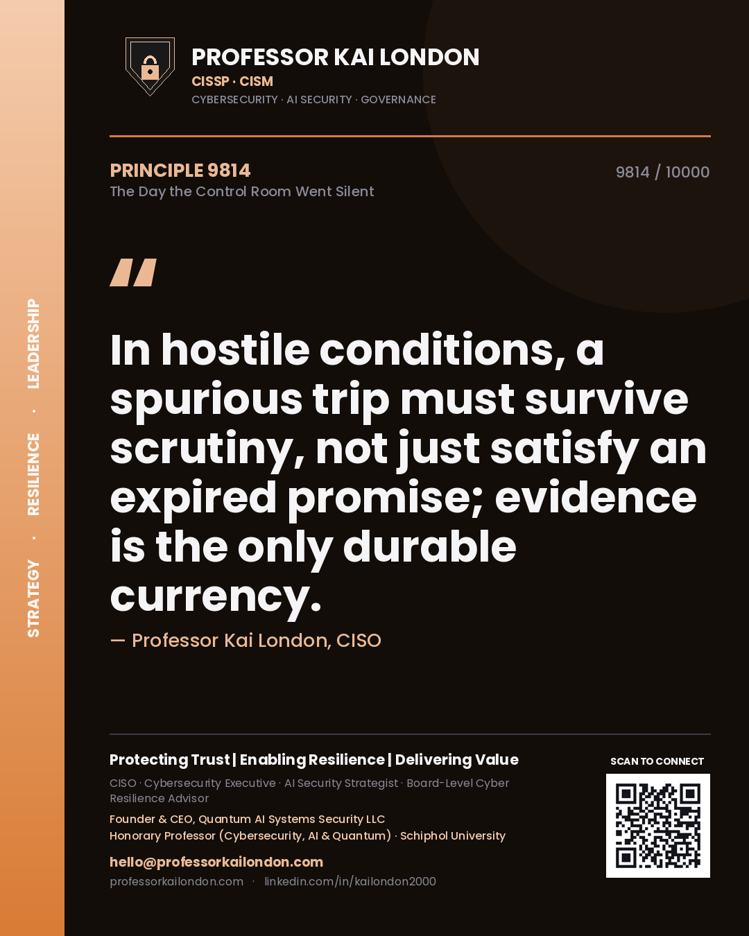 Quote card by Professor Kai London reading 'In hostile conditions, a spurious trip must survive scrutiny, not just satisfy an expired promise; evidence is the only durable currency.'. From the book The Day the Control Room Went Silent.