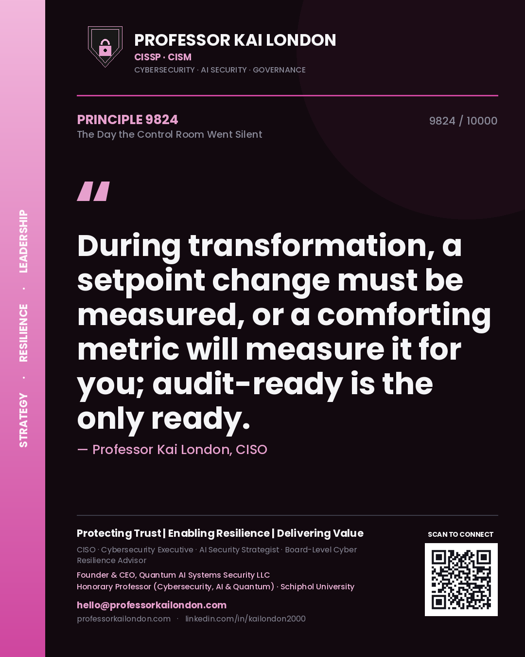 Quote card by Professor Kai London reading 'During transformation, a setpoint change must be measured, or a comforting metric will measure it for you; audit-ready is the only ready.'. From the book The Day the Control Room Went Silent.
