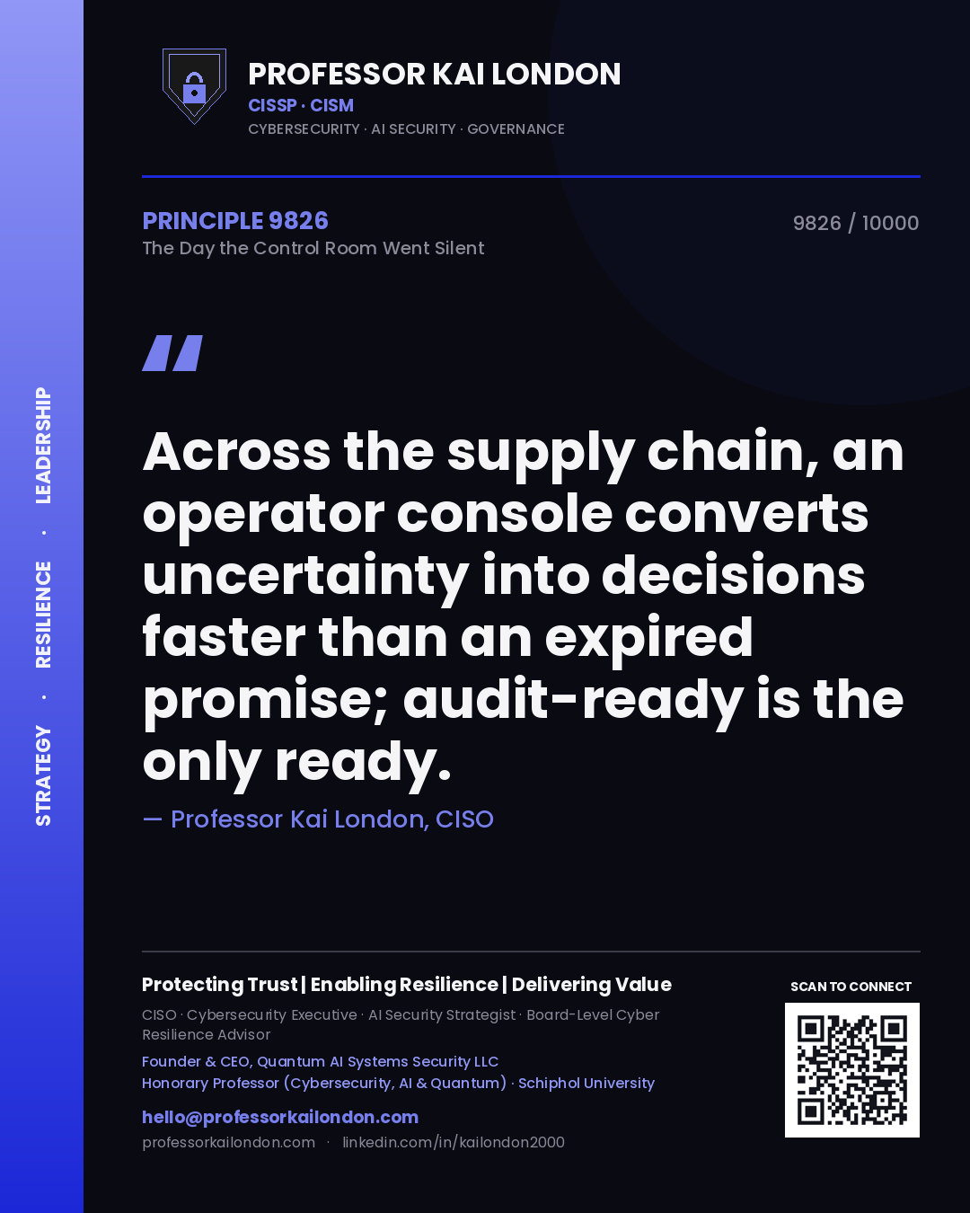 Quote card by Professor Kai London reading 'Across the supply chain, an operator console converts uncertainty into decisions faster than an expired promise; audit-ready is the only ready.'. From the book The Day the Control Room Went Silent.