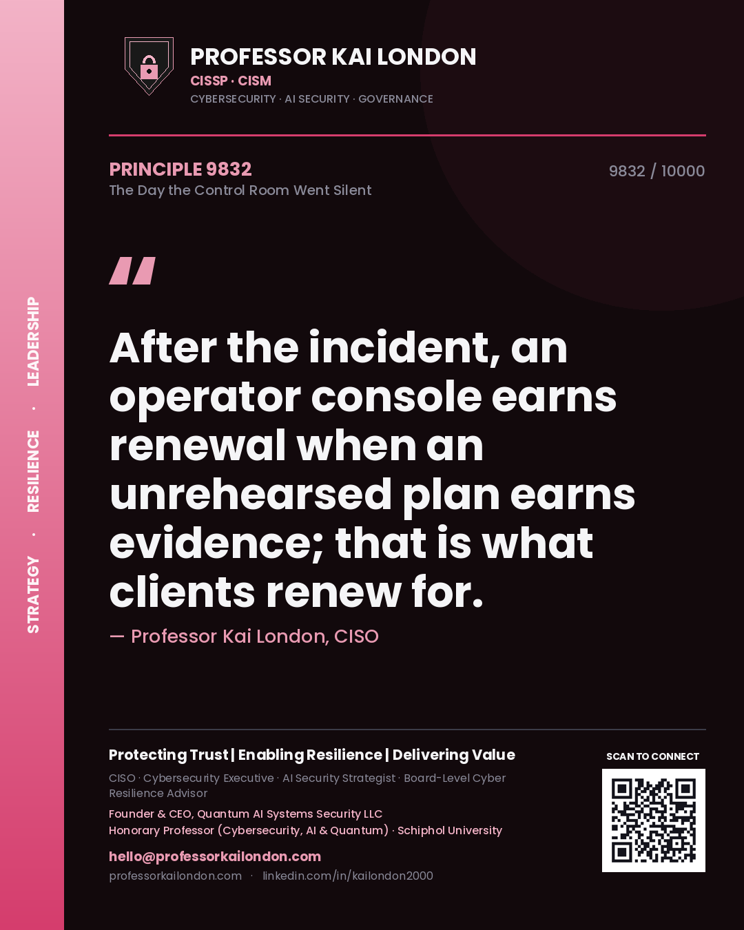 Quote card by Professor Kai London reading 'After the incident, an operator console earns renewal when an unrehearsed plan earns evidence; that is what clients renew for.'. From the book The Day the Control Room Went Silent.