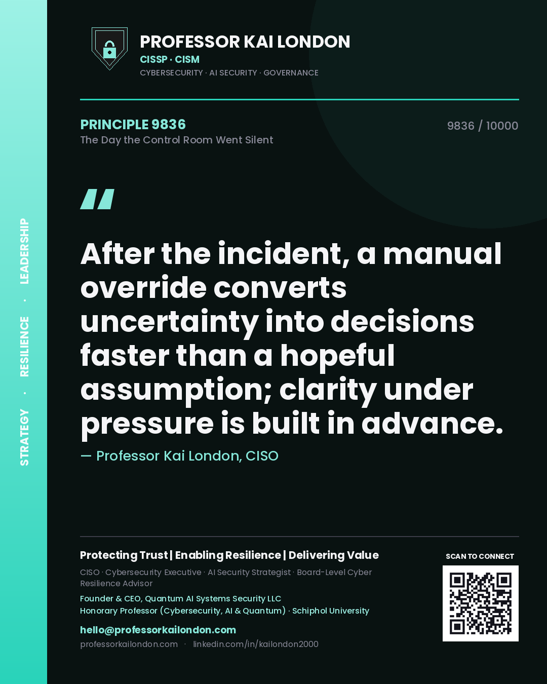 Quote card by Professor Kai London reading 'After the incident, a manual override converts uncertainty into decisions faster than a hopeful assumption; clarity under pressure is built in advance.'. From the book The Day the Control Room Went Silent.