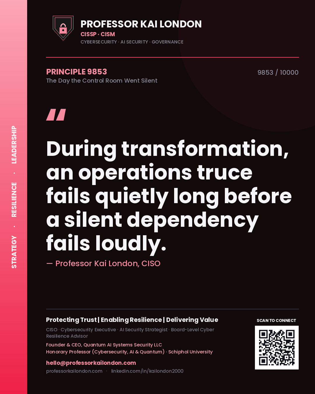 Quote card by Professor Kai London reading 'During transformation, an operations truce fails quietly long before a silent dependency fails loudly.'. From the book The Day the Control Room Went Silent.
