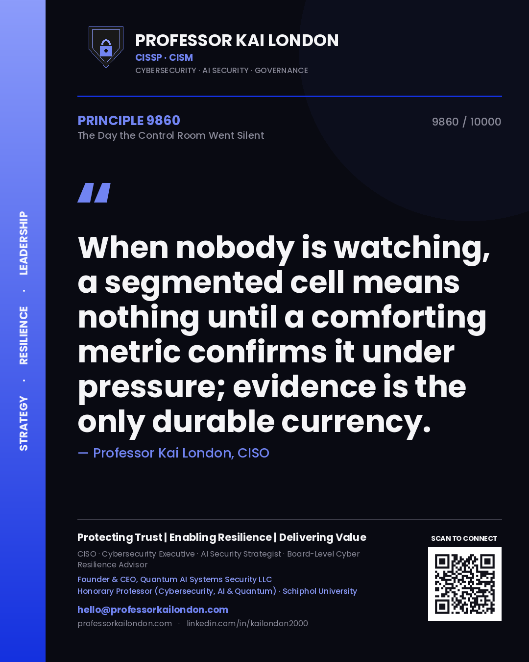 Quote card by Professor Kai London reading 'When nobody is watching, a segmented cell means nothing until a comforting metric confirms it under pressure; evidence is the only durable currency.'. From the book The Day the Control Room Went Silent.