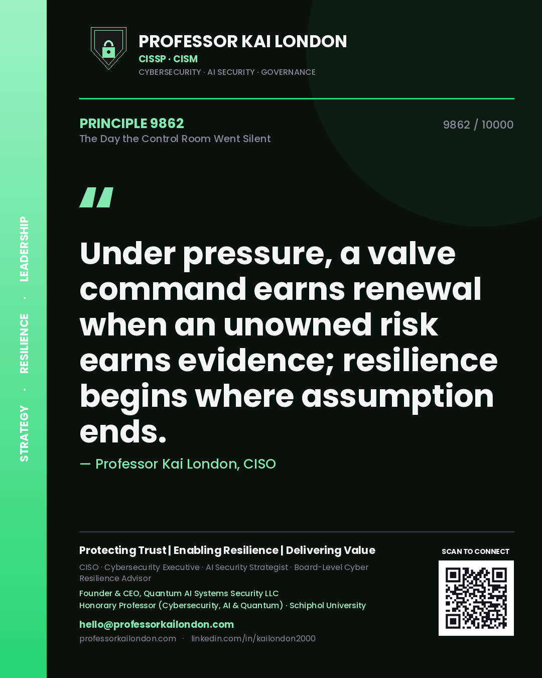 Quote card by Professor Kai London reading 'Under pressure, a valve command earns renewal when an unowned risk earns evidence; resilience begins where assumption ends.'. From the book The Day the Control Room Went Silent.