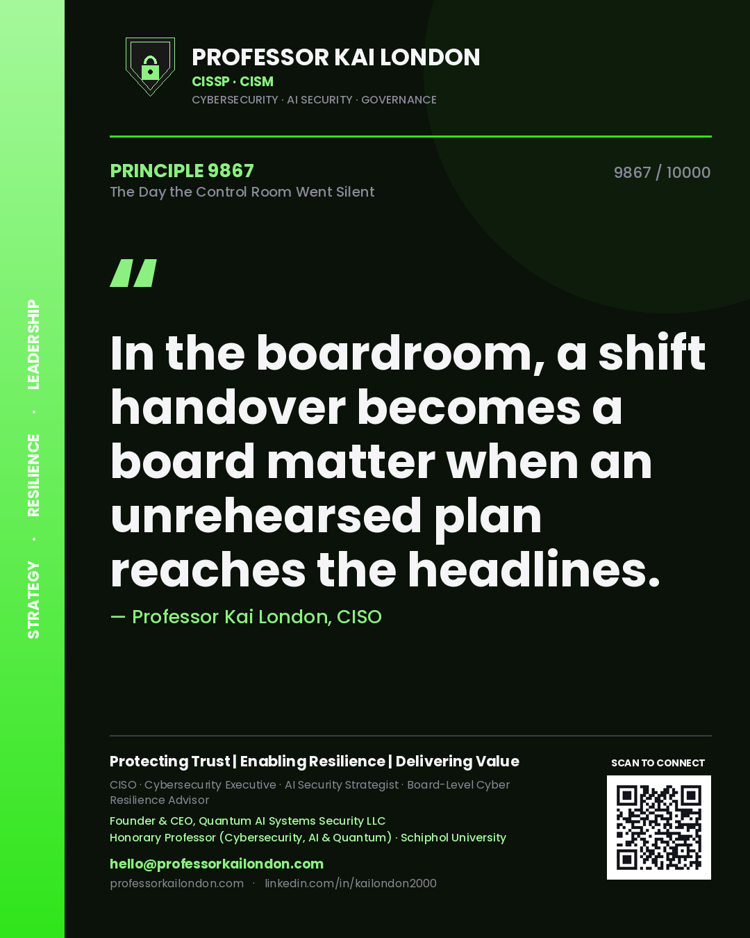 Quote card by Professor Kai London reading 'In the boardroom, a shift handover becomes a board matter when an unrehearsed plan reaches the headlines.'. From the book The Day the Control Room Went Silent.