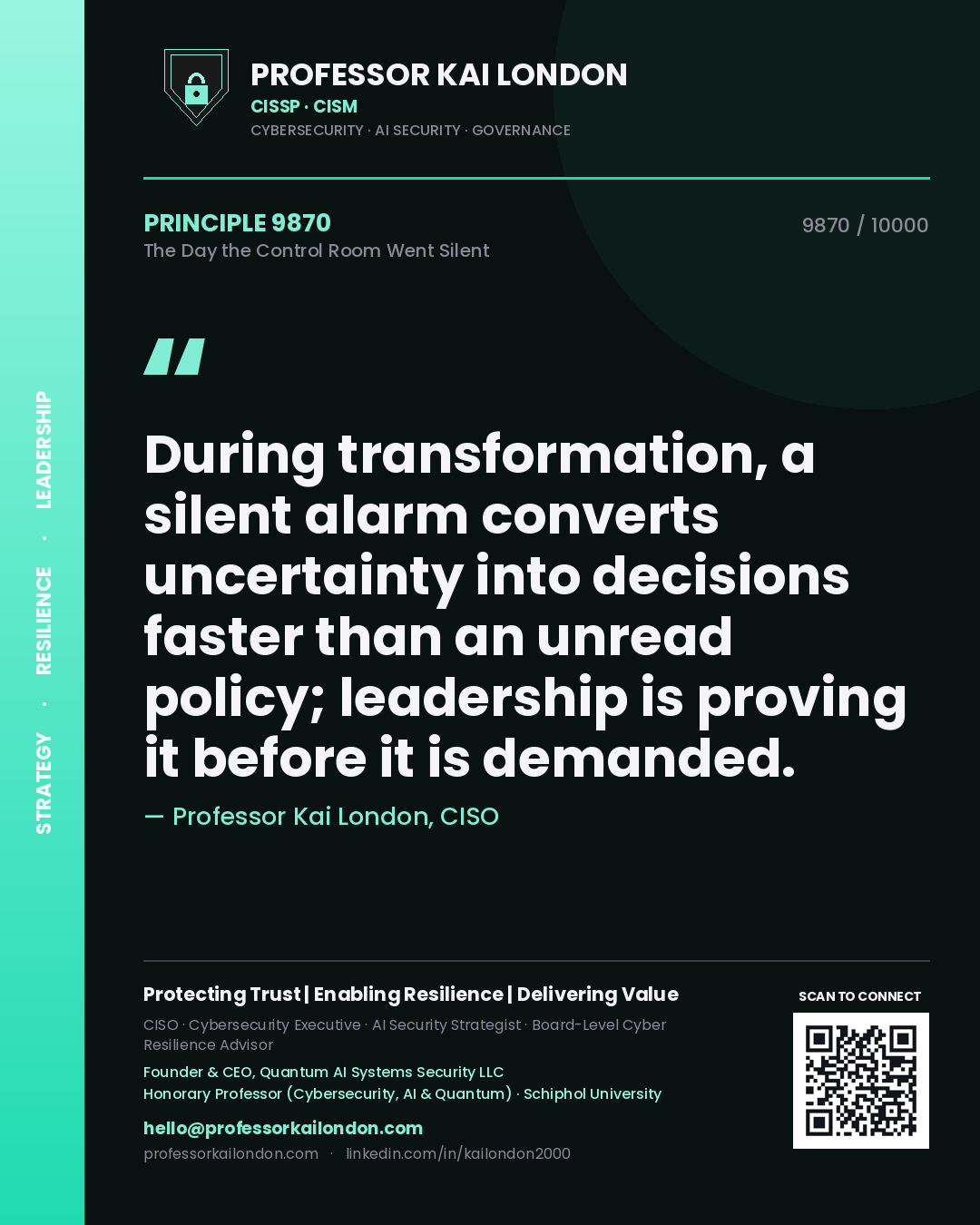 Quote card by Professor Kai London reading 'During transformation, a silent alarm converts uncertainty into decisions faster than an unread policy; leadership is proving it before it is demanded.'. From the book The Day the Control Room Went Silent.