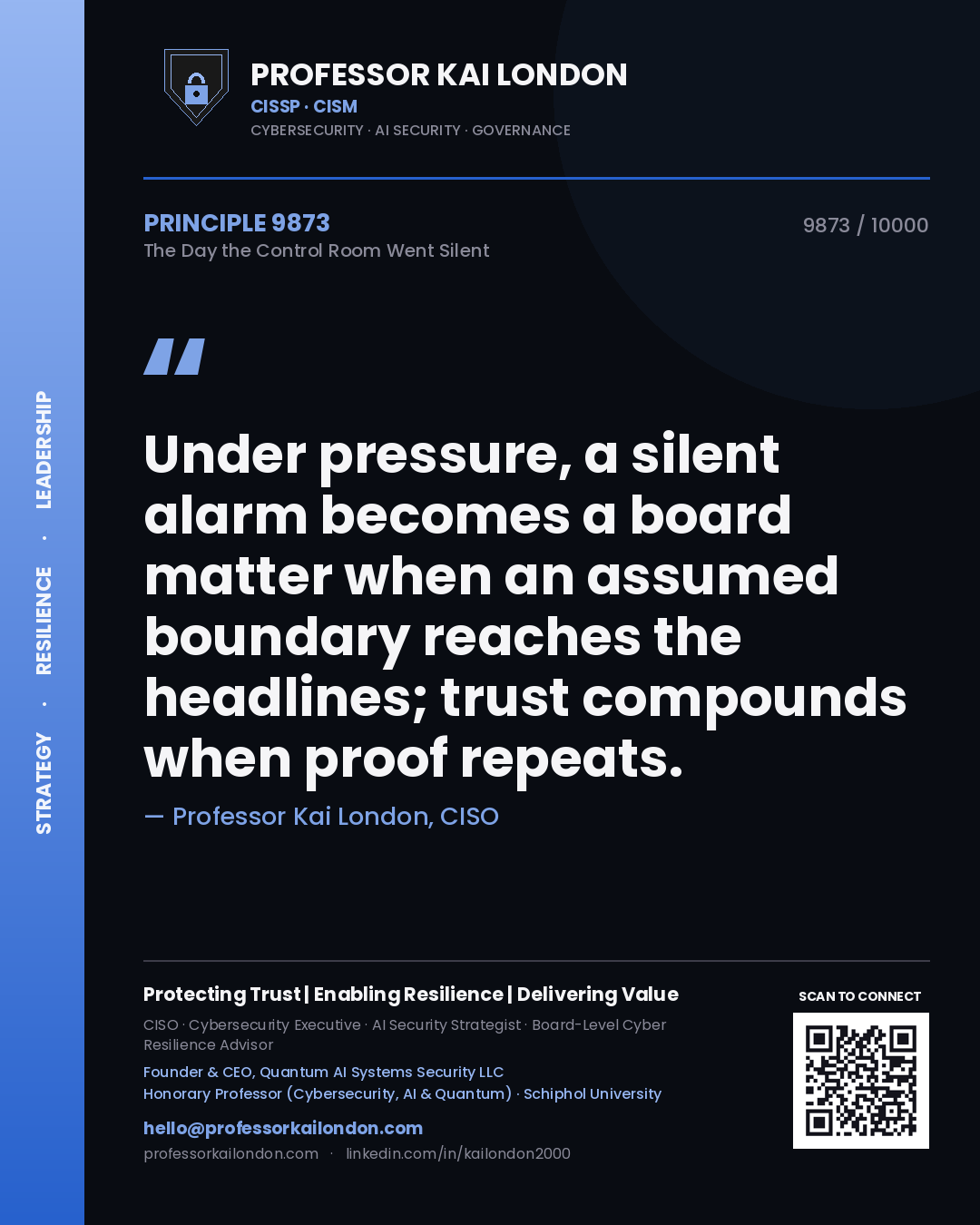 Quote card by Professor Kai London reading 'Under pressure, a silent alarm becomes a board matter when an assumed boundary reaches the headlines; trust compounds when proof repeats.'. From the book The Day the Control Room Went Silent.