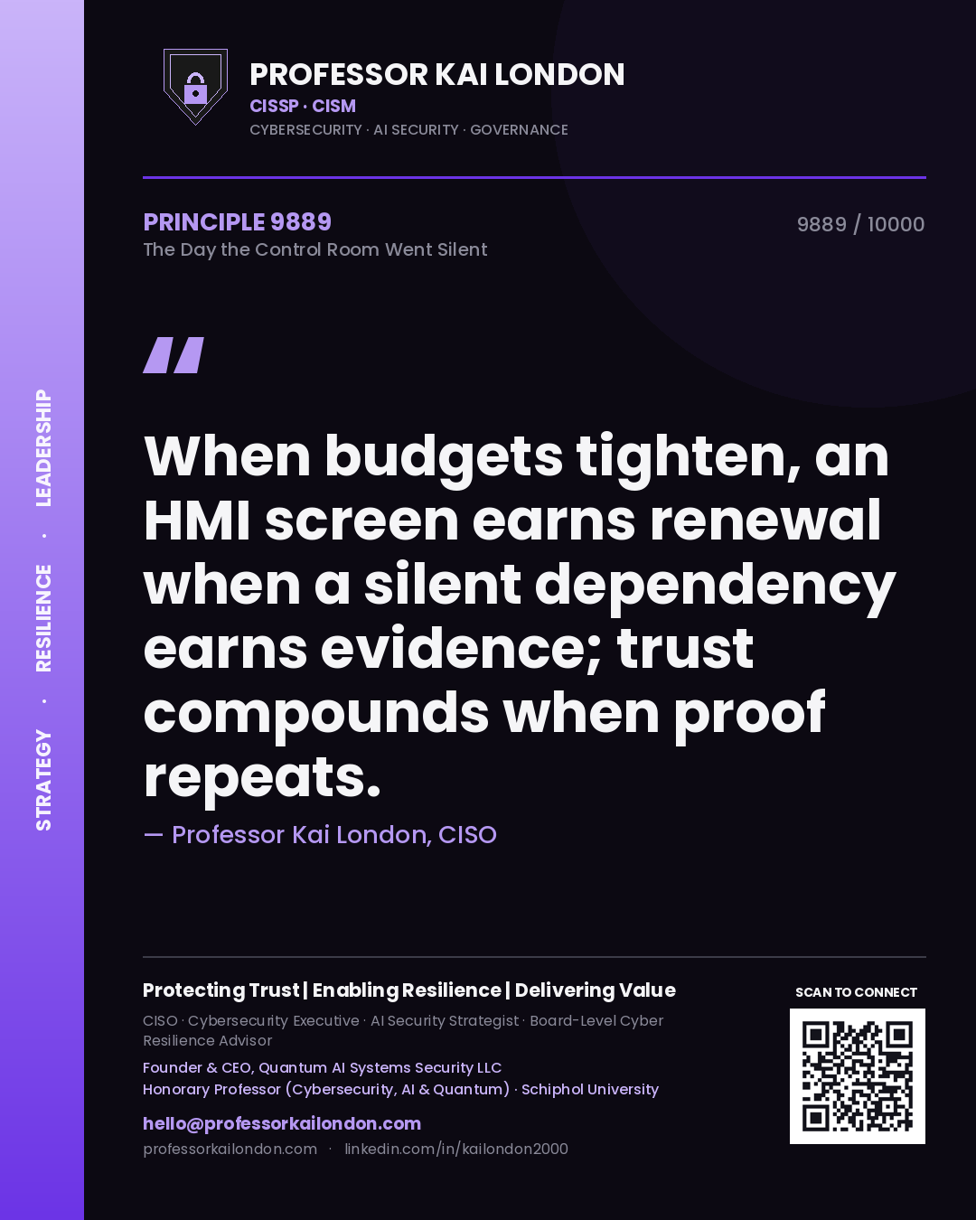 Quote card by Professor Kai London reading 'When budgets tighten, an HMI screen earns renewal when a silent dependency earns evidence; trust compounds when proof repeats.'. From the book The Day the Control Room Went Silent.