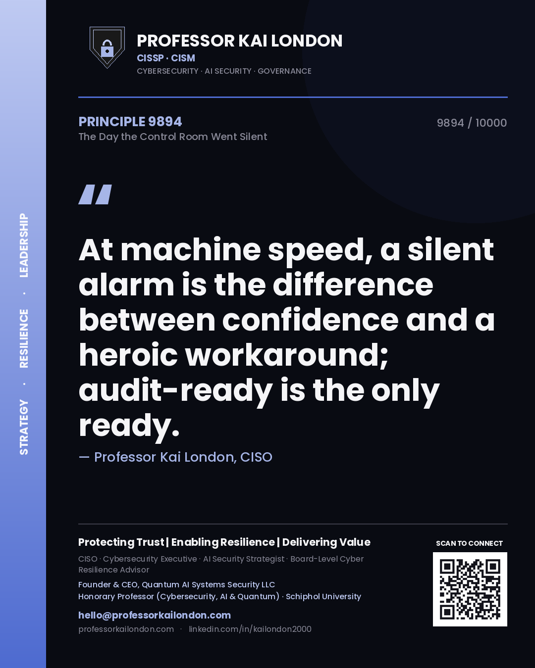 Professor Kai London principle 9894: At machine speed, a silent alarm is the difference between confidence and a heroic workaround; audit-ready is the only ready.