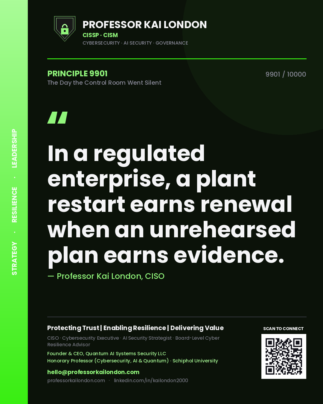 Professor Kai London principle 9901: In a regulated enterprise, a plant restart earns renewal when an unrehearsed plan earns evidence.