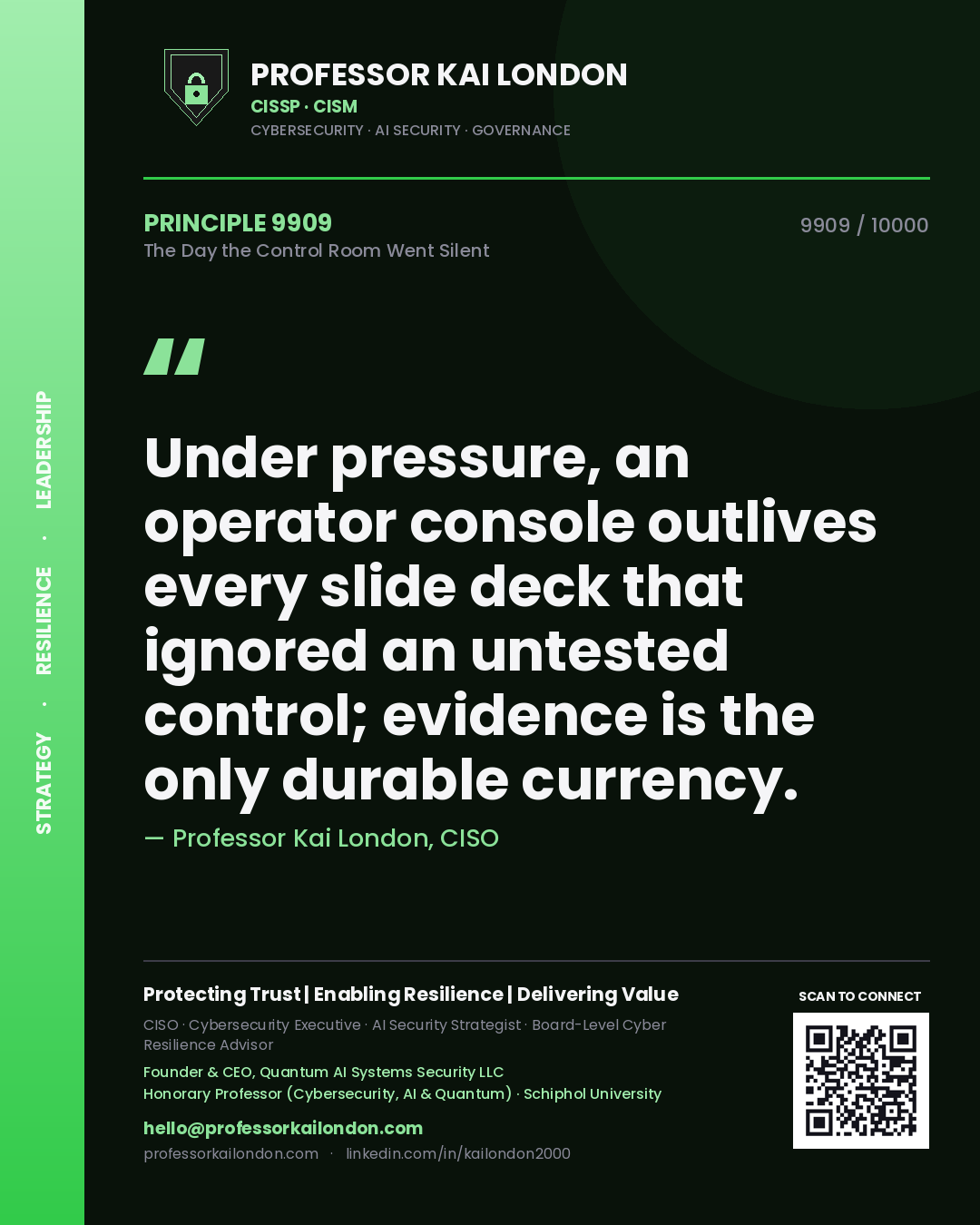 Quote card by Professor Kai London reading 'Under pressure, an operator console outlives every slide deck that ignored an untested control; evidence is the only durable currency.'. From the book The Day the Control Room Went Silent.
