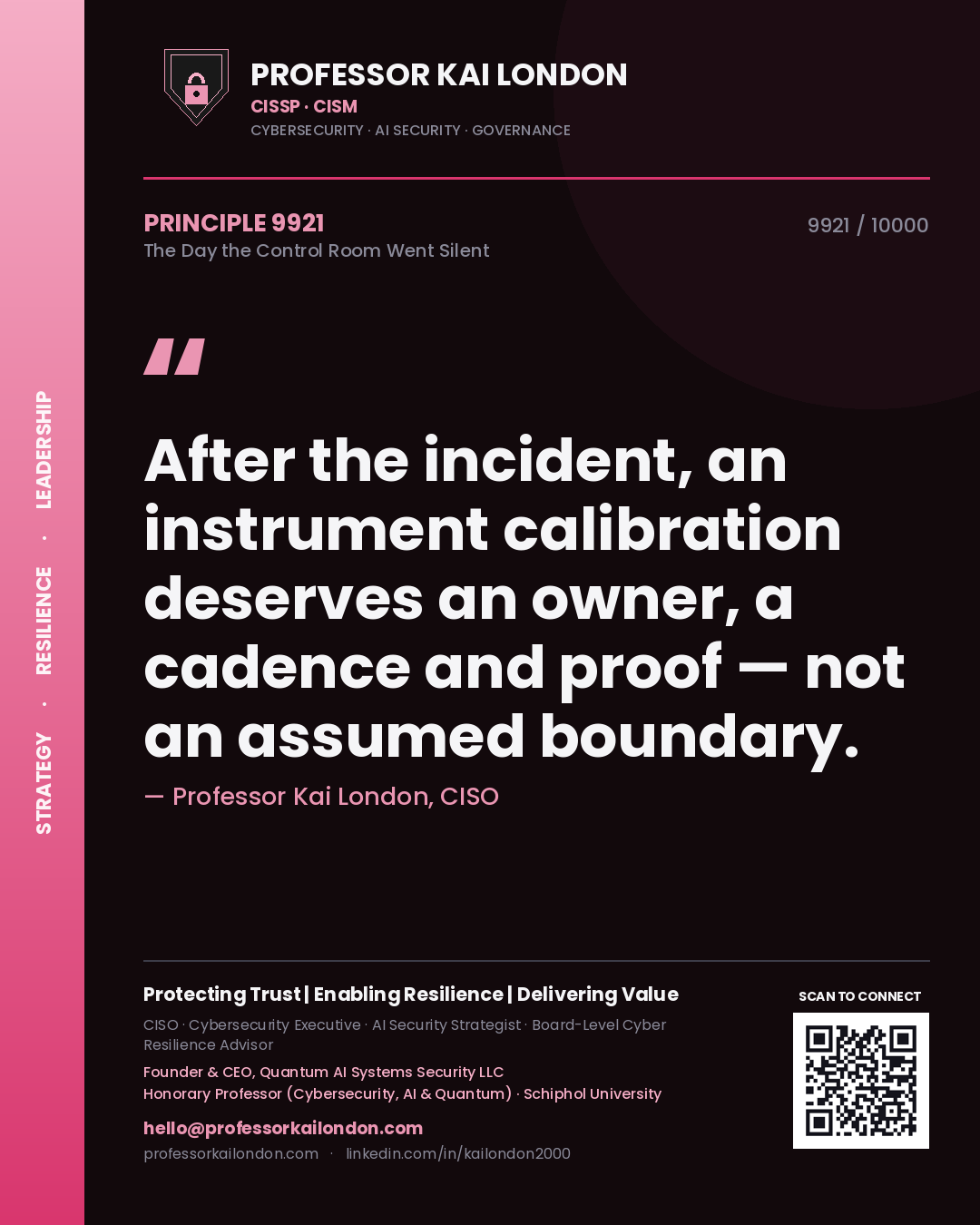 Quote card by Professor Kai London reading 'After the incident, an instrument calibration deserves an owner, a cadence and proof — not an assumed boundary.'. From the book The Day the Control Room Went Silent.