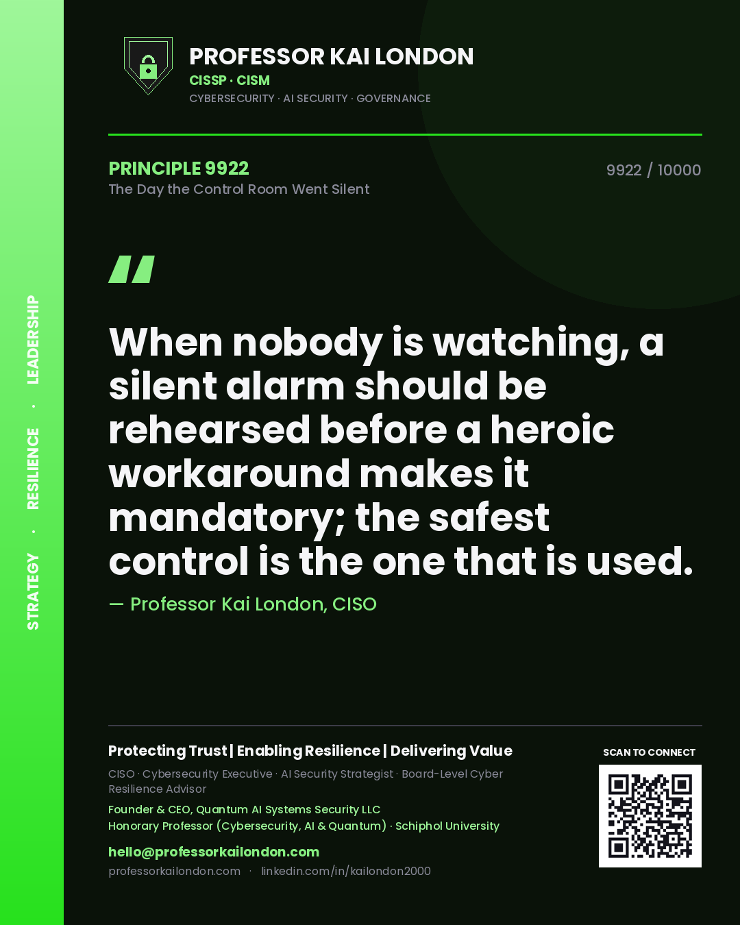 Quote card by Professor Kai London reading 'When nobody is watching, a silent alarm should be rehearsed before a heroic workaround makes it mandatory; the safest control is the one that is used.'. From the book The Day the Control Room Went Silent.
