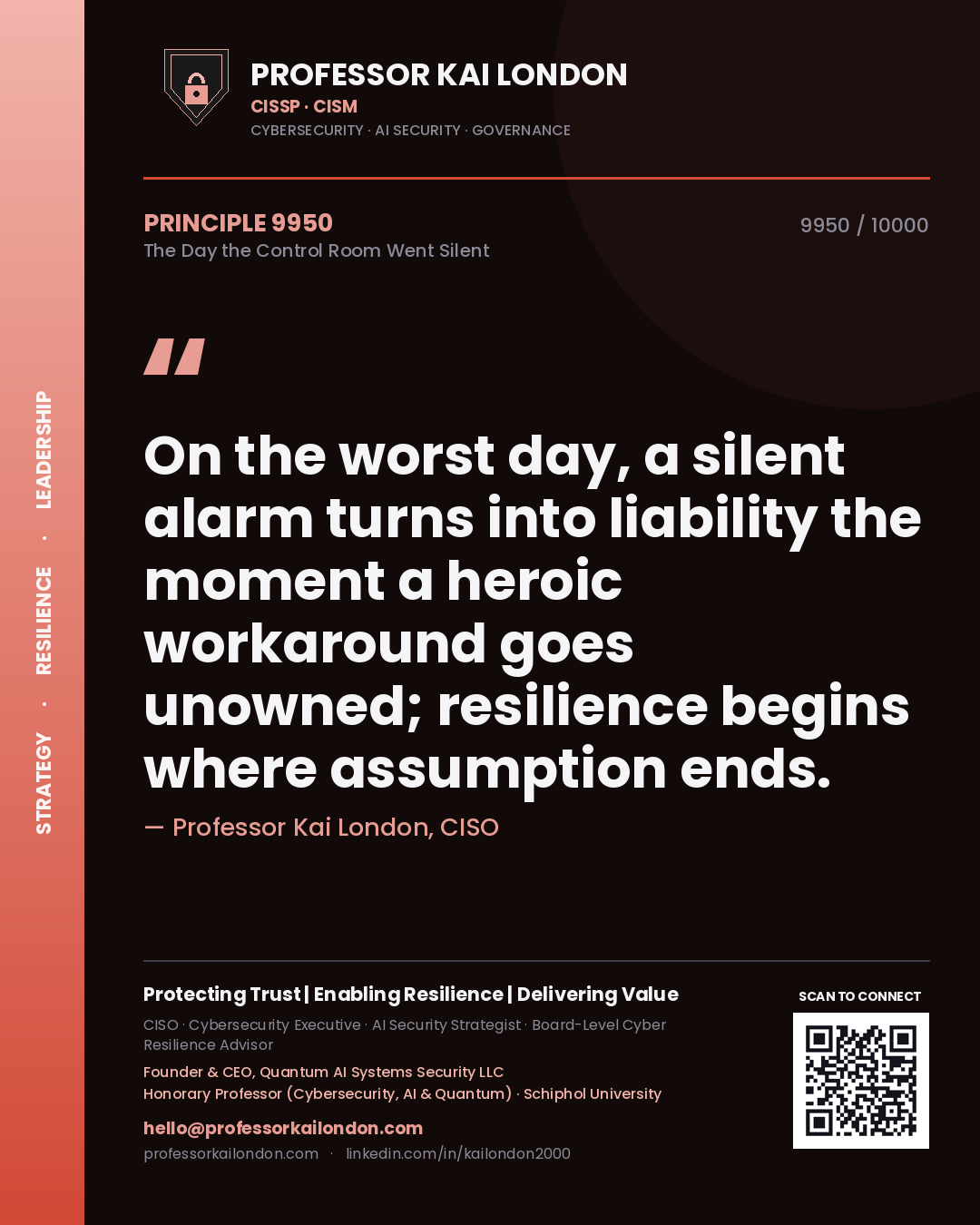 Quote card by Professor Kai London reading 'On the worst day, a silent alarm turns into liability the moment a heroic workaround goes unowned; resilience begins where assumption ends.'. From the book The Day the Control Room Went Silent.
