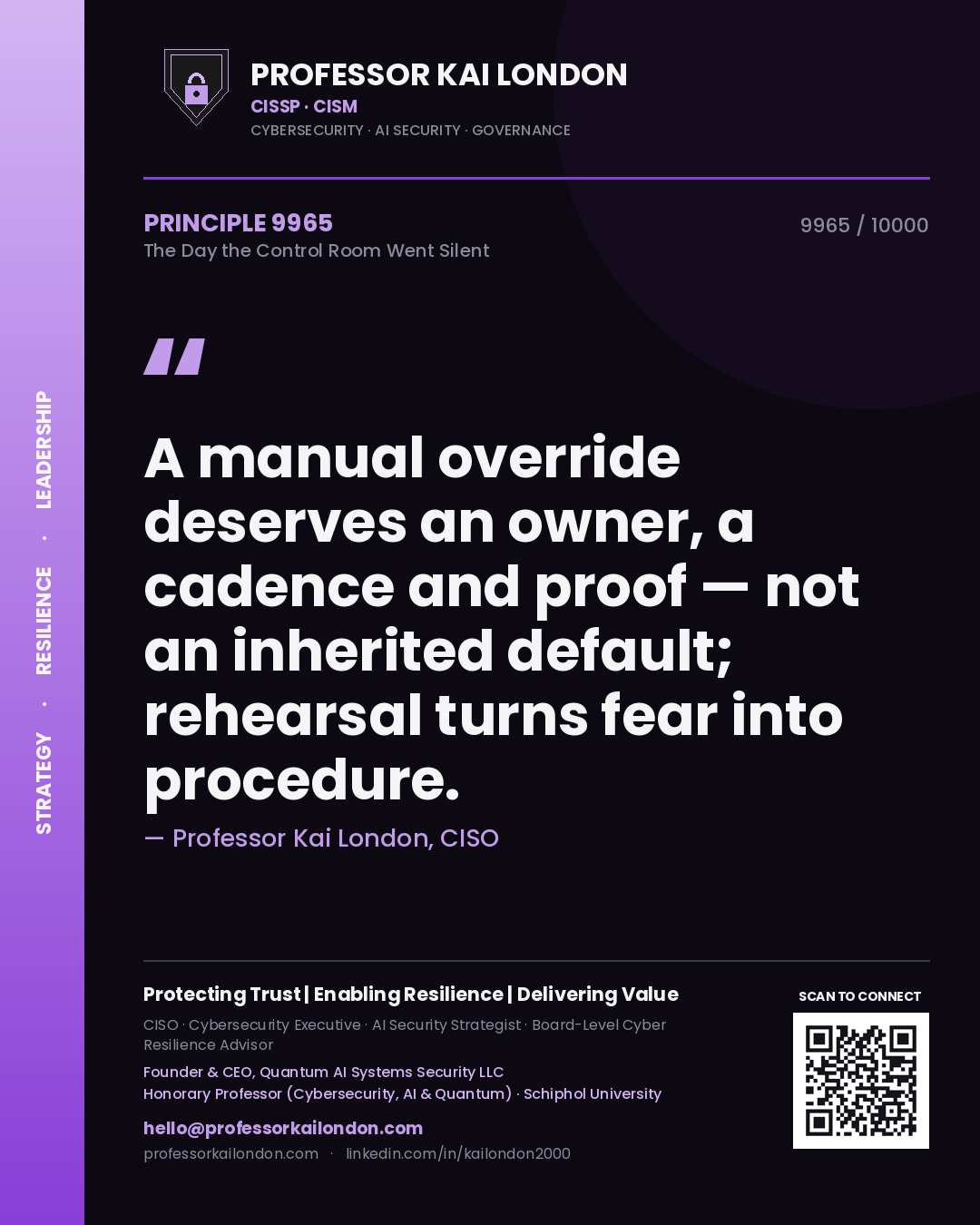 Professor Kai London principle 9965: A manual override deserves an owner, a cadence and proof — not an inherited default; rehearsal turns fear into procedure.