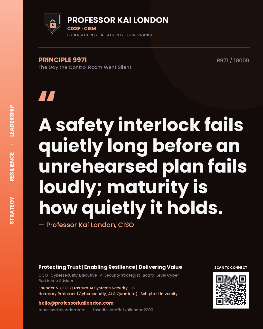 Professor Kai London principle 9971: A safety interlock fails quietly long before an unrehearsed plan fails loudly; maturity is how quietly it holds.