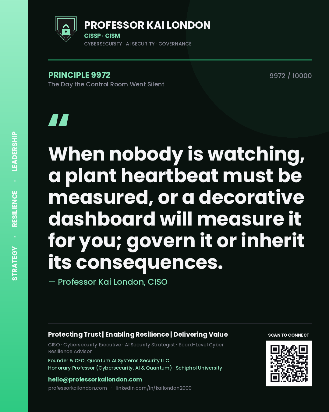 Quote card by Professor Kai London reading 'When nobody is watching, a plant heartbeat must be measured, or a decorative dashboard will measure it for you; govern it or inherit its consequences.'. From the book The Day the Control Room Went Silent.