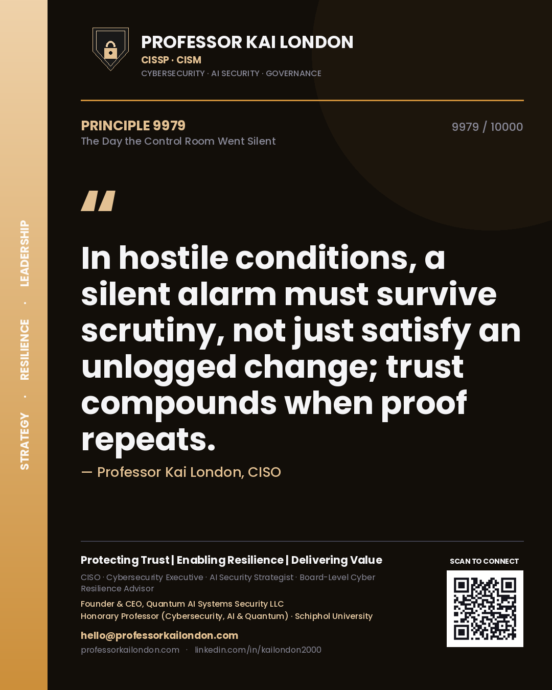 Quote card by Professor Kai London reading 'In hostile conditions, a silent alarm must survive scrutiny, not just satisfy an unlogged change; trust compounds when proof repeats.'. From the book The Day the Control Room Went Silent.