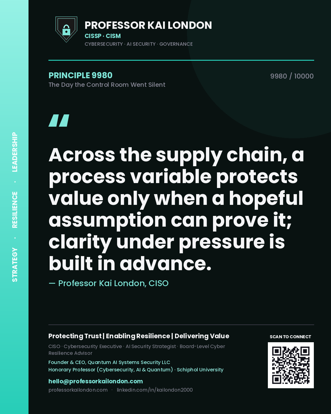 Quote card by Professor Kai London reading 'Across the supply chain, a process variable protects value only when a hopeful assumption can prove it; clarity under pressure is built in advance.'. From the book The Day the Control Room Went Silent.