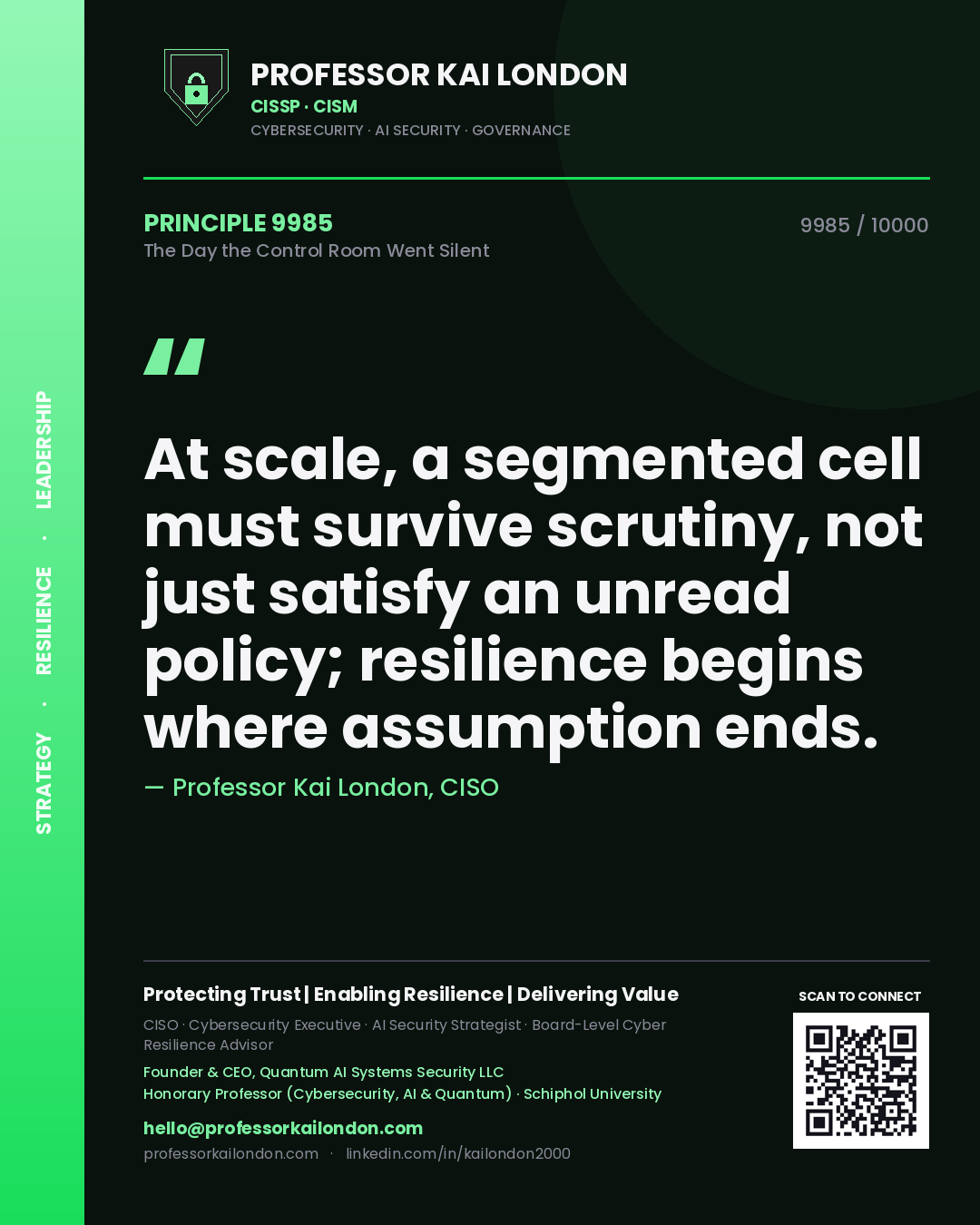 Quote card by Professor Kai London reading 'At scale, a segmented cell must survive scrutiny, not just satisfy an unread policy; resilience begins where assumption ends.'. From the book The Day the Control Room Went Silent.