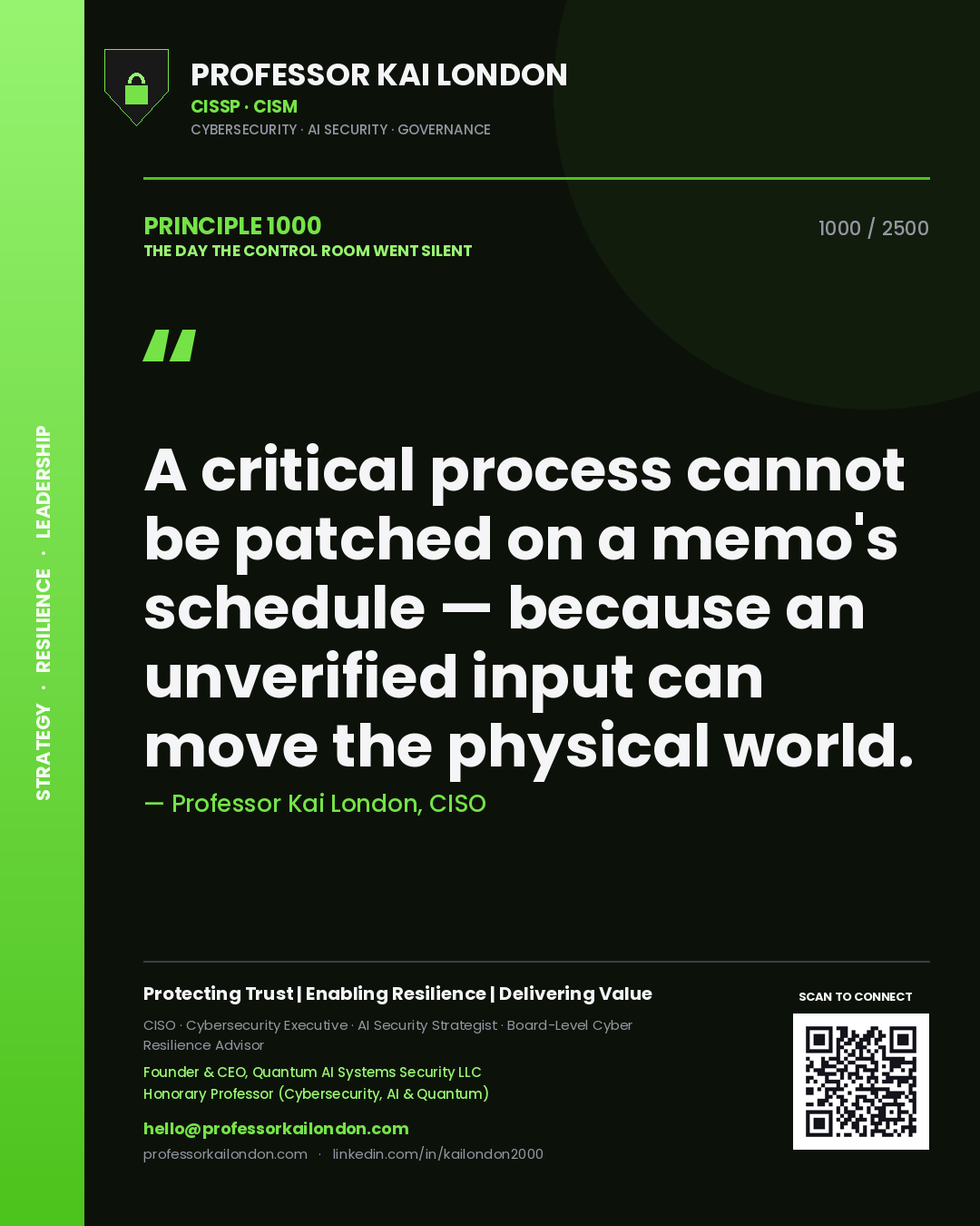 Quote card by Professor Kai London reading 'A critical process cannot be patched on a memo's schedule — because an unverified input can move the physical world.'. From the book The Day the Control Room Went Silent.